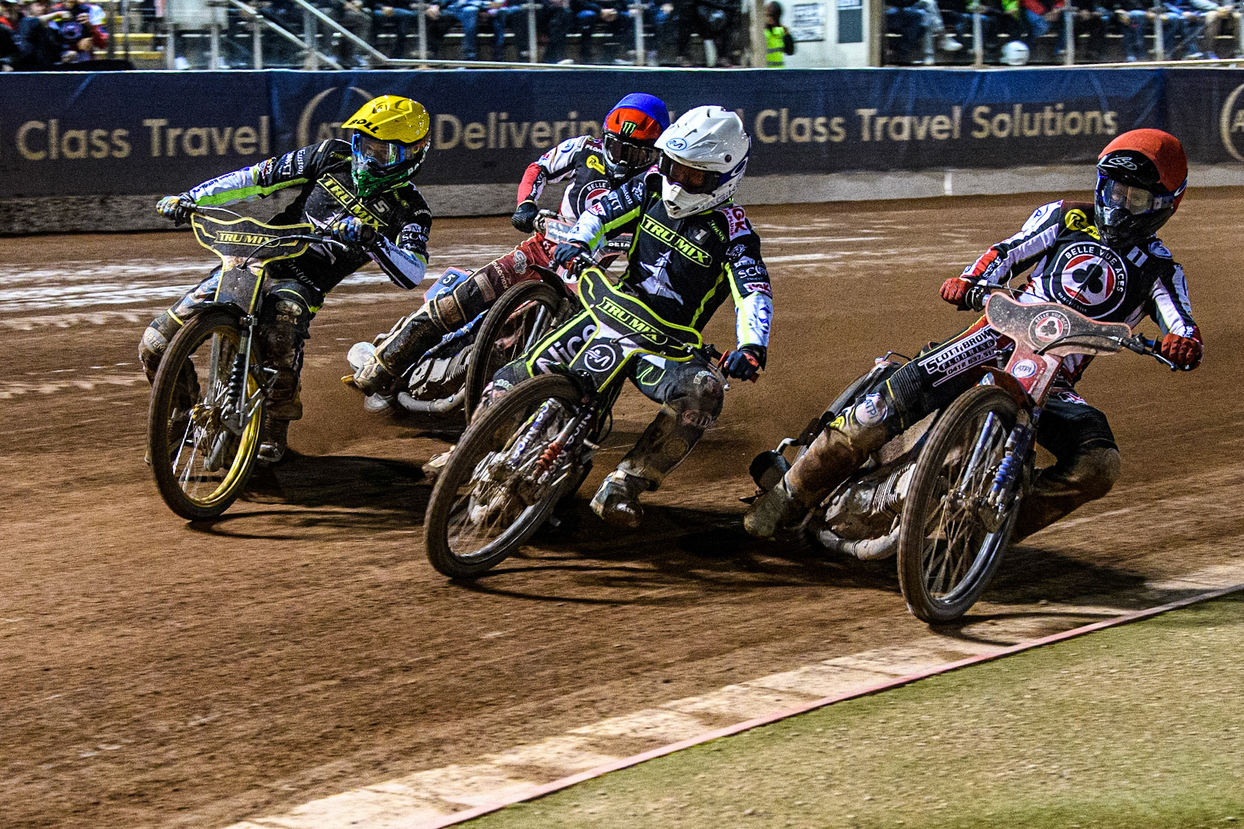 Heat 15 as Emil Sayfutdinov  (White) and Jason Doyle (Yellow) lead Brady Kurtz (Red) and Dan Bewley (Blue) to win the meetingduring the Sports Insure Premiership Semi Final Playoff 2nd leg match between Belle Vue Aces and Ipswich Witches at the National Speedway Stadium, Manchester on Monday 25th September 2023. (Photo: Ian Charles | MI News)