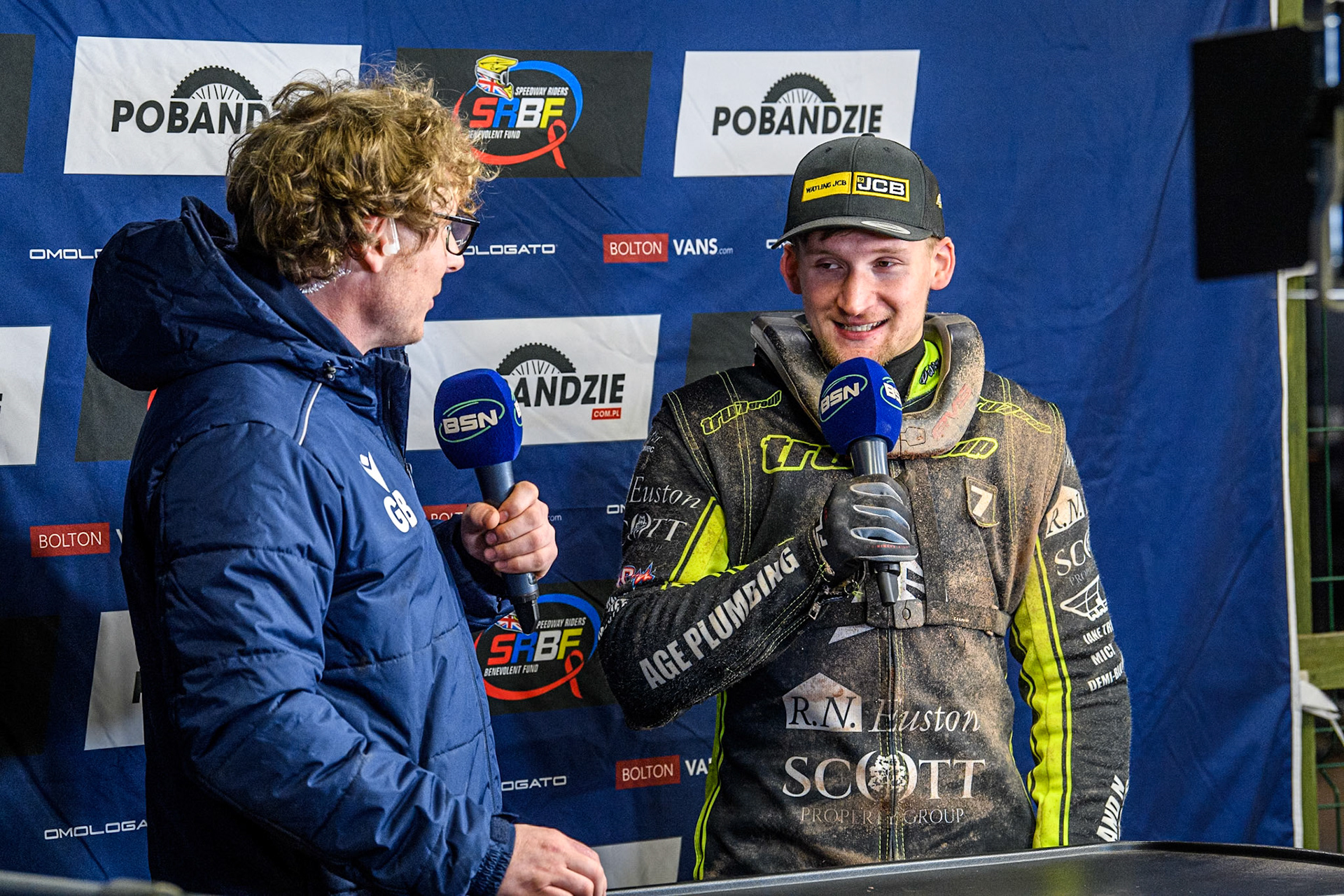 BSN Presenter Gregg Blair interviews Ipswich Witches' Dan Thompson, the Witches top scorer during the Rowe Motor Oil Premiership match between Belle Vue Aces and Ipswich Witches at the National Speedway Stadium, Manchester on Monday 22nd April 2024. (Photo: Ian Charles | MI News)