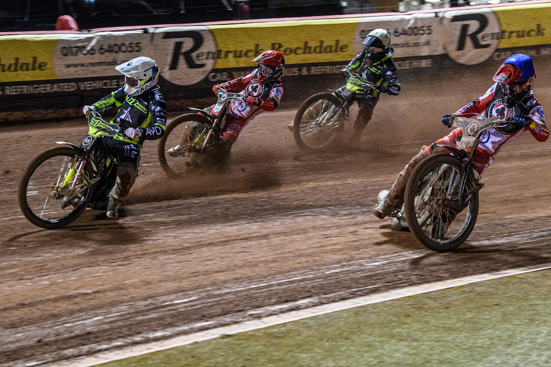 Emil Sayfutdinov of Ipswich Witches in White leading Jaimon Lidsey of Belle Vue Aces in Red, Zach Cook of Belle Vue Aces in Blue and Dan Thompson of Ipswich Witches in Yellow during the Premiership Cup Quarter Final 1st Leg match between Belle Vue Aces and Ipswich Witches at the National Speedway Stadium, Manchester on Monday 24th March 2025. (Photo: Ian Charles | MI News)