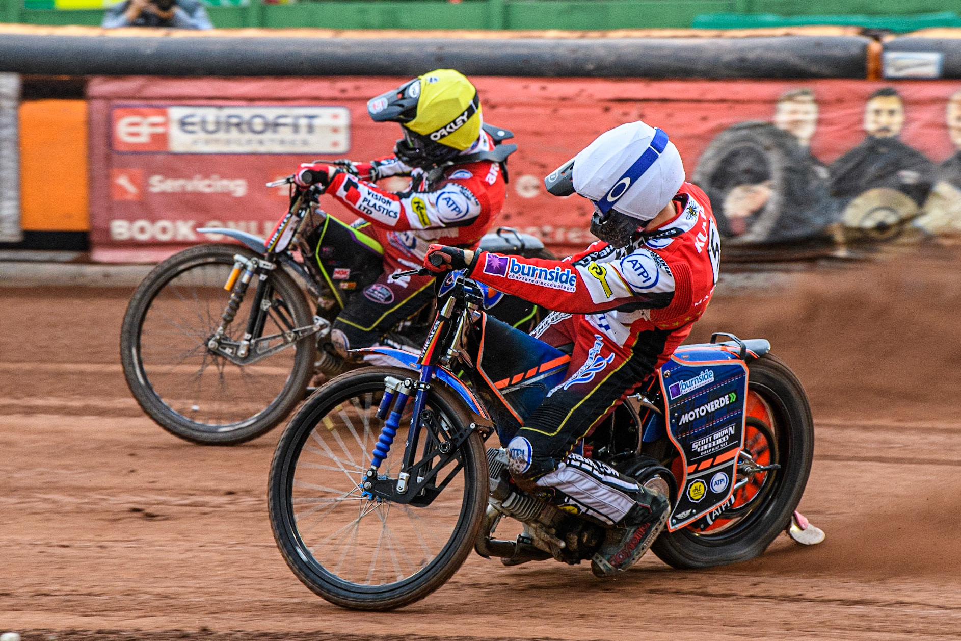 Brady Kurtz (White) inside team mate Tom Brennan (Yellow) during the Sports Insure Premiership match between Wolverhampton Wolves and Belle Vue Aces at Monmore Green Stadium, Wolverhampton on Monday 10th July 2023. (Photo: Ian Charles | MI News)
