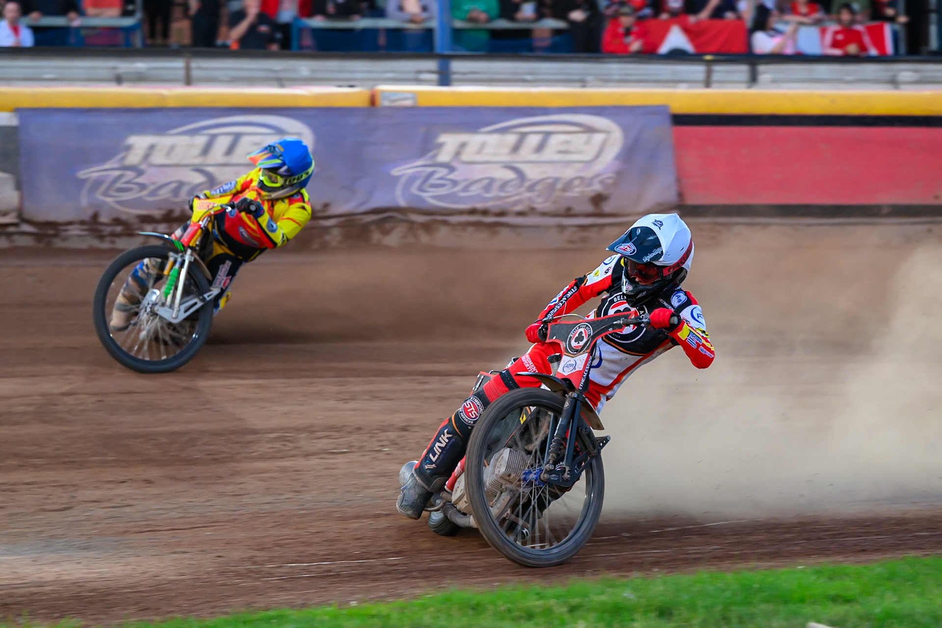 Belle Vue Aces' Zach Cook  in White rides inside Birmingham Brummies' Ben Barker  in Blue during the Rowe Motor Oil Premiership match between Birmingham Brummies and Belle Vue Aces at Perry Barr Stadium, Birmingham on Monday 28th July 2025. (Photo: Ian Charles | MI News)