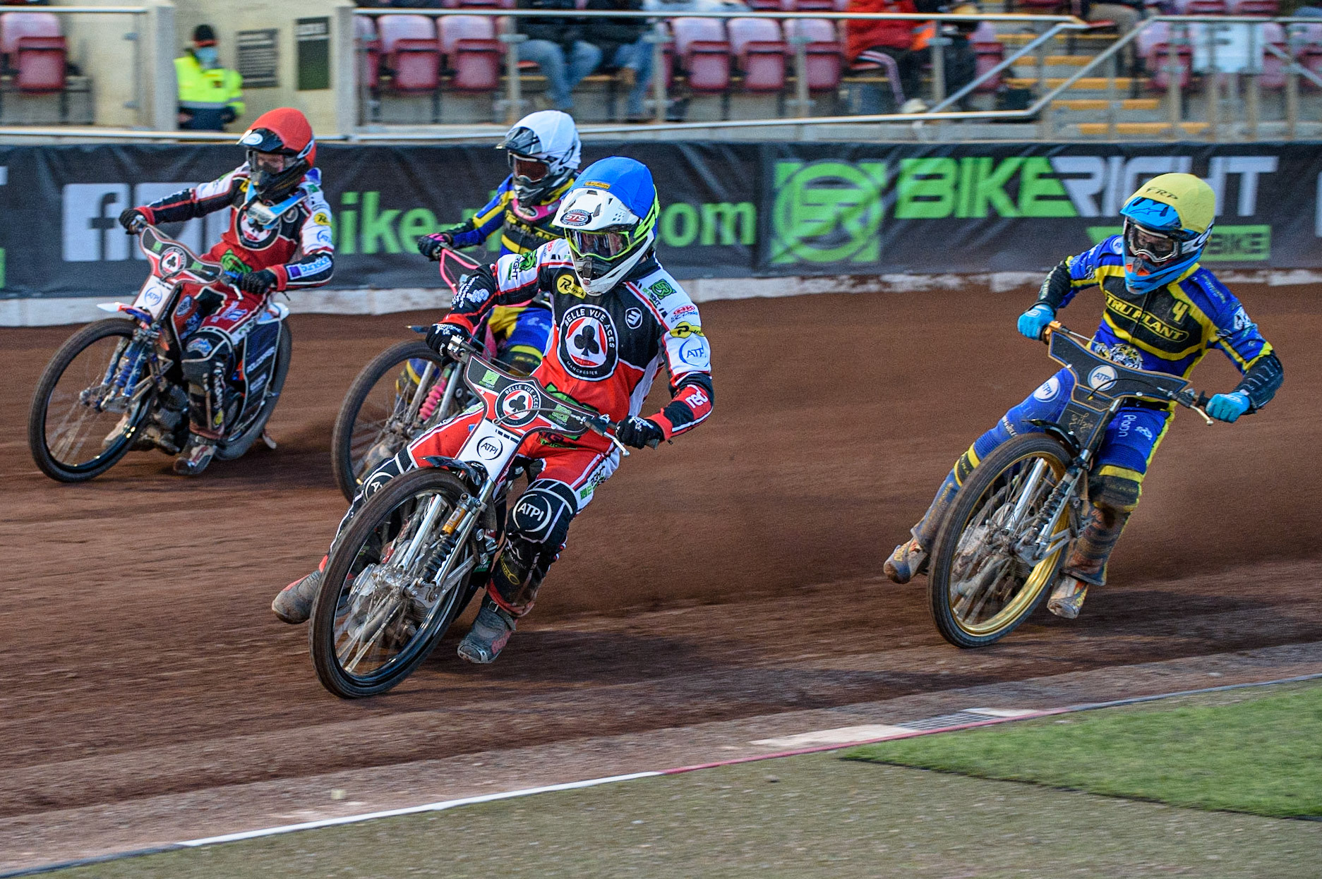 Photo: Ian CharlesRichie Worrall (Blue) leads Brady Kurtz (Red), Josh Bates (White) and Justin Sedgmen  (Yellow)Belle Vue Aces v Sheffield Tigers, British Speedway Premier League, National Speedway Stadium, Manchester Monday  17  May  2021