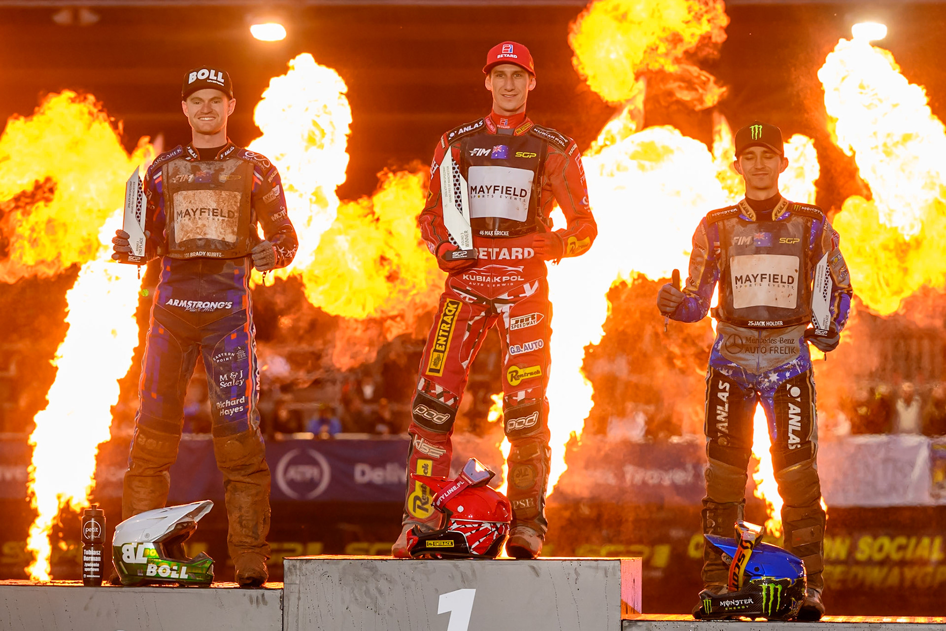 Top3: (L to R) Brady Kurtz (2nd), Max Fricke (Winner), Jack Holder (3rd)   during the ATPI  FIM Speedway GP of Manchester at the National Speedway Stadium, Manchester on Friday 5th June 2026. (Photo: Ian Charles | MI News)