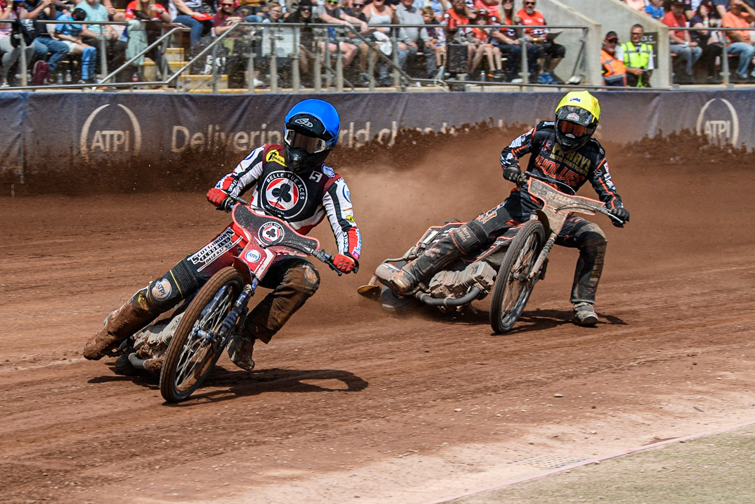 Brady Kurtz (Blue) leads Sam Masters (Yellow) during the Sports Insure Premiership match between Belle Vue Aces and Wolverhampton Wolves at the National Speedway Stadium, Manchester on Monday 29th May 2023. (Photo: Ian Charles | MI News)