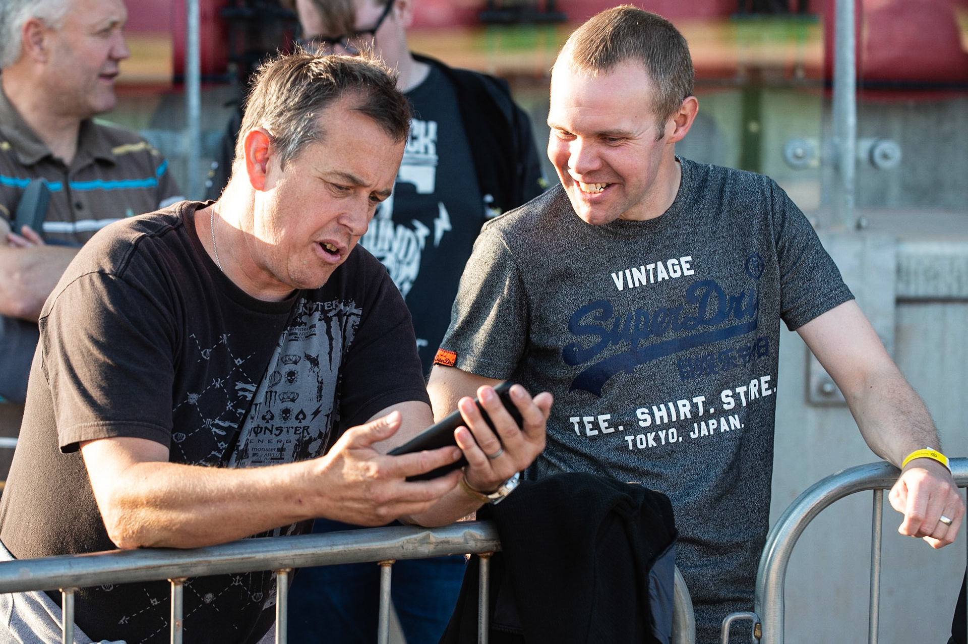 Photo: Ian Charles

TT Star John McGuiness (left) chats with injured Belle Vue rider Andy Mellish

Sports Insure British Final,  Belle Vue National Speedway Stadium, Manchester Monday 29  July  2019