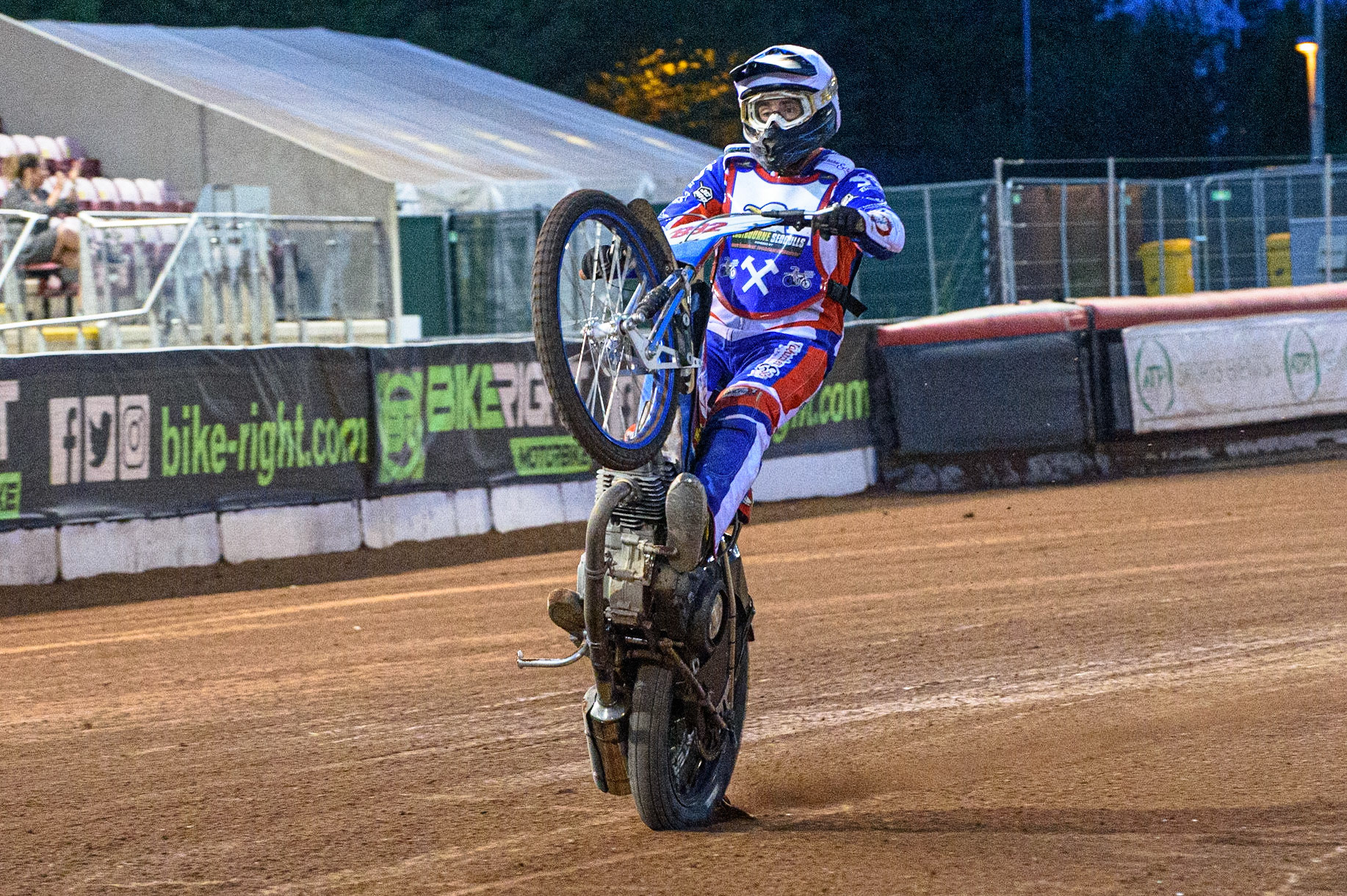 MANCHESTER, UK. JULY 23RD Jake Knight  pulls a wheelie during the National Development League match between Belle Vue Colts and Eastbourne Seagulls at the National Speedway Stadium, Manchester on Friday 23rd July 2021. (Credit: Ian Charles | MI News)