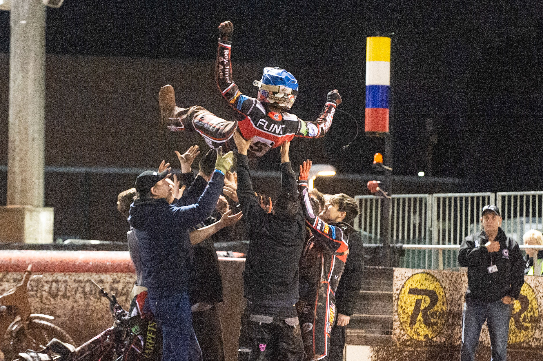 Photo: Ian Charles

Leon Flint  gets the bumps for his maximum

Belle Vue Colts v Mildenhall Fen Tigers, National League, Belle Vue National Speedway Stadium, Manchester, Monday 2  September  2019