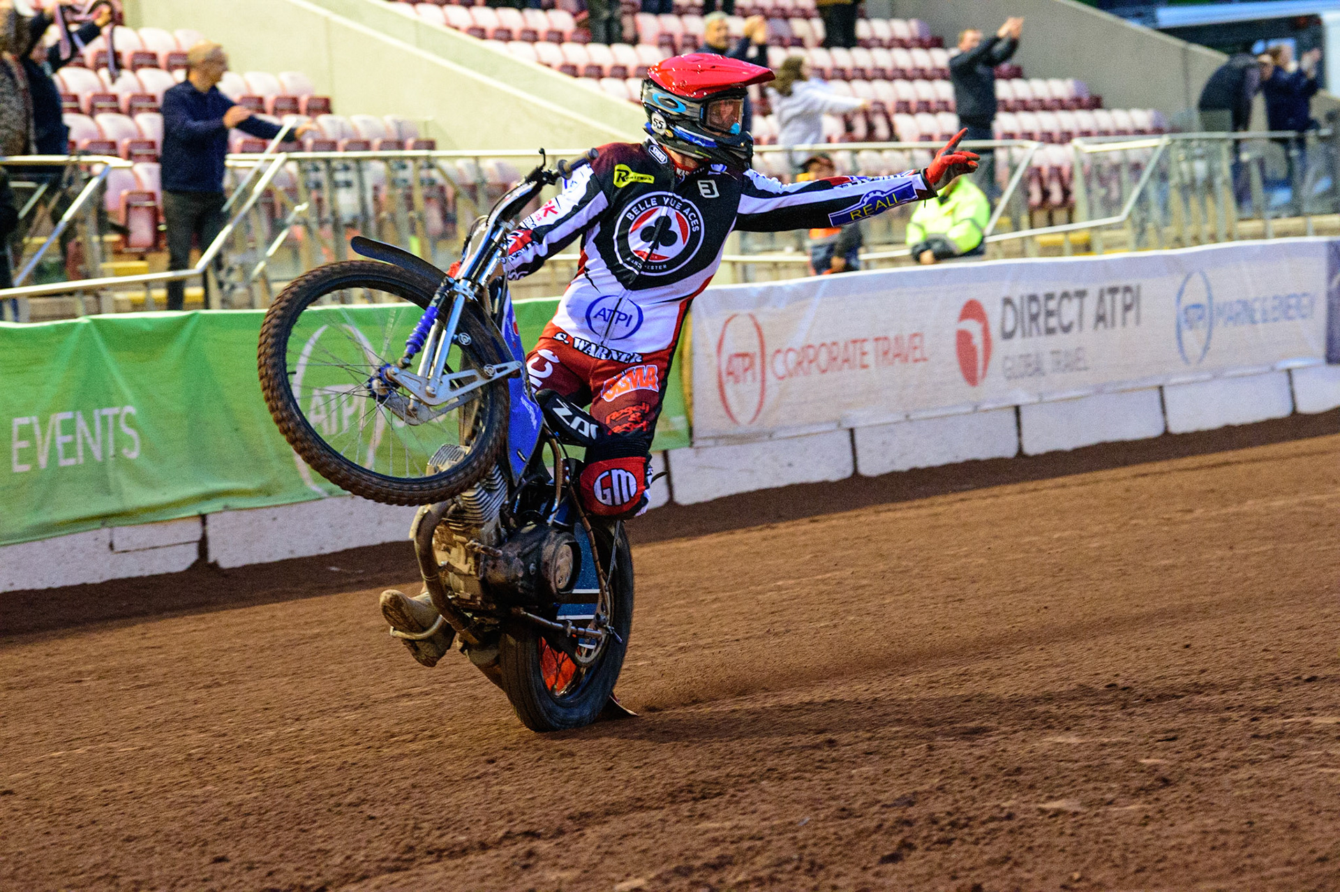 MANCHESTER, UK. JUN 6TH  Matej Žagar  celebrates with a wheelie during the SGB Premiership match between Belle Vue Aces and Ipswich Witches at the National Speedway Stadium, Manchester on Monday 6th June 2022. (Credit: Ian Charles | MI News)