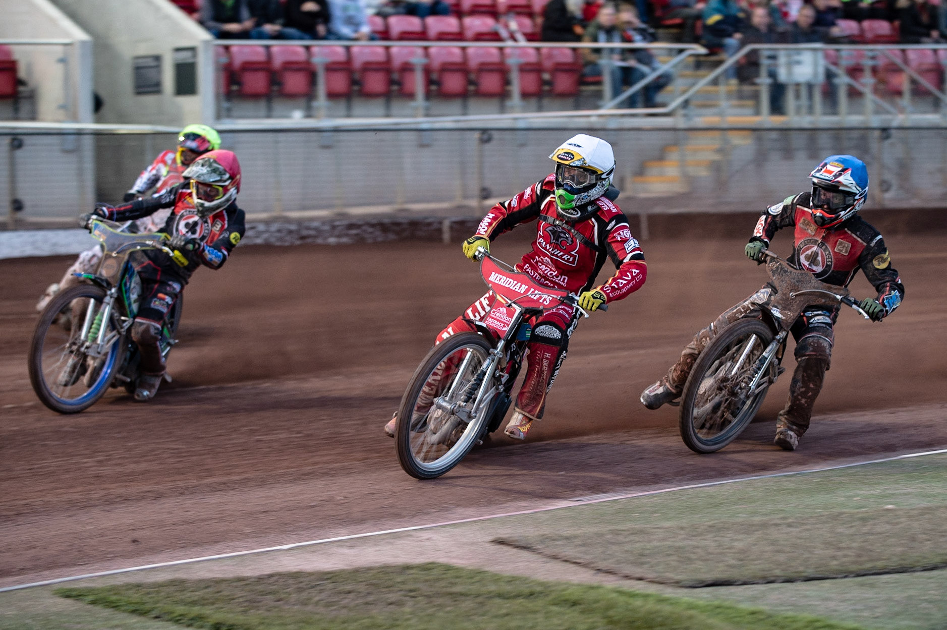 Photo by Ian Charles:

Hans Andersen (White) leads Ricky Wells  (Blue) Dan Bewley  (Red) and Aaron Summers  (Yellow)

Belle Vue Aces v Peterborough Panthers, British Speedway Premiership, National Speedway Stadium, Manchester, Monday, 29, April, 2019