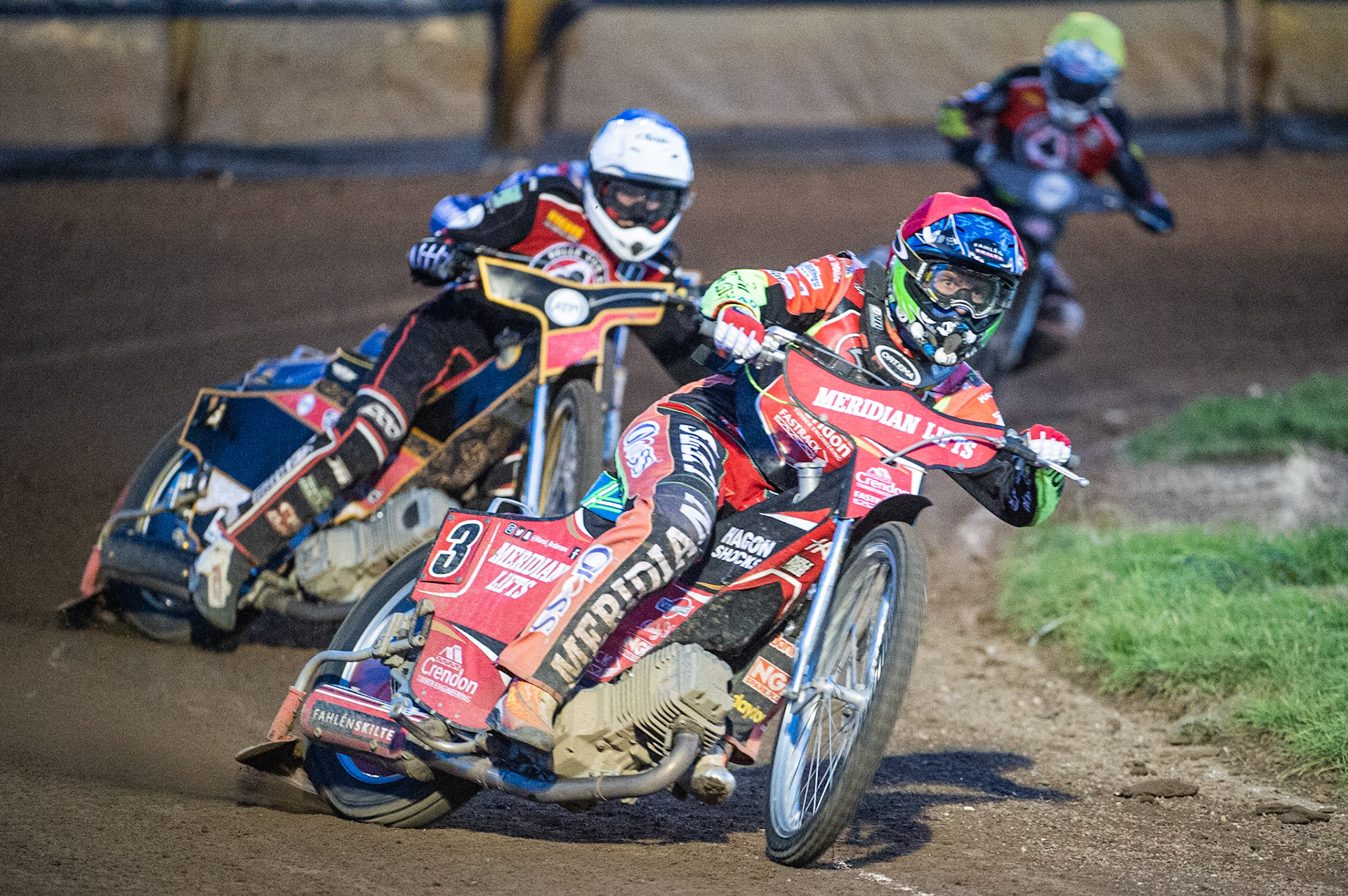 Photo by Ian Charles:

Hans Andersen  (Red) leads Steve Worrall  (Yellow) Max Fricke  (White) and Michael Palm Toft  (Yellow)

Peterborough Panthers v Belle Vue Aces, British Speedway Premiership, Thursday, 5, September, 2019