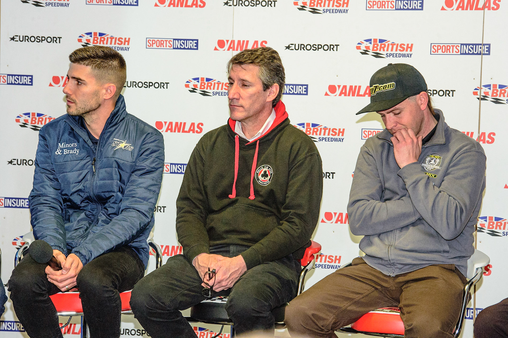 MANCHESTER, UK. APRIL 12TH: (l-r ) Alex Brady, Manager of Kings Lynn Stars), Mark Lemon (Manager of Belle Vue Aces) and Richie Hawkins (Manager of Ipswich Witches) at the Discovery Networks Eurosport Speedway Season Launch at the National Speedway Stadium, Manchester on Tuesday 12th April 2022 (Credit: Ian Charles | MI News)
