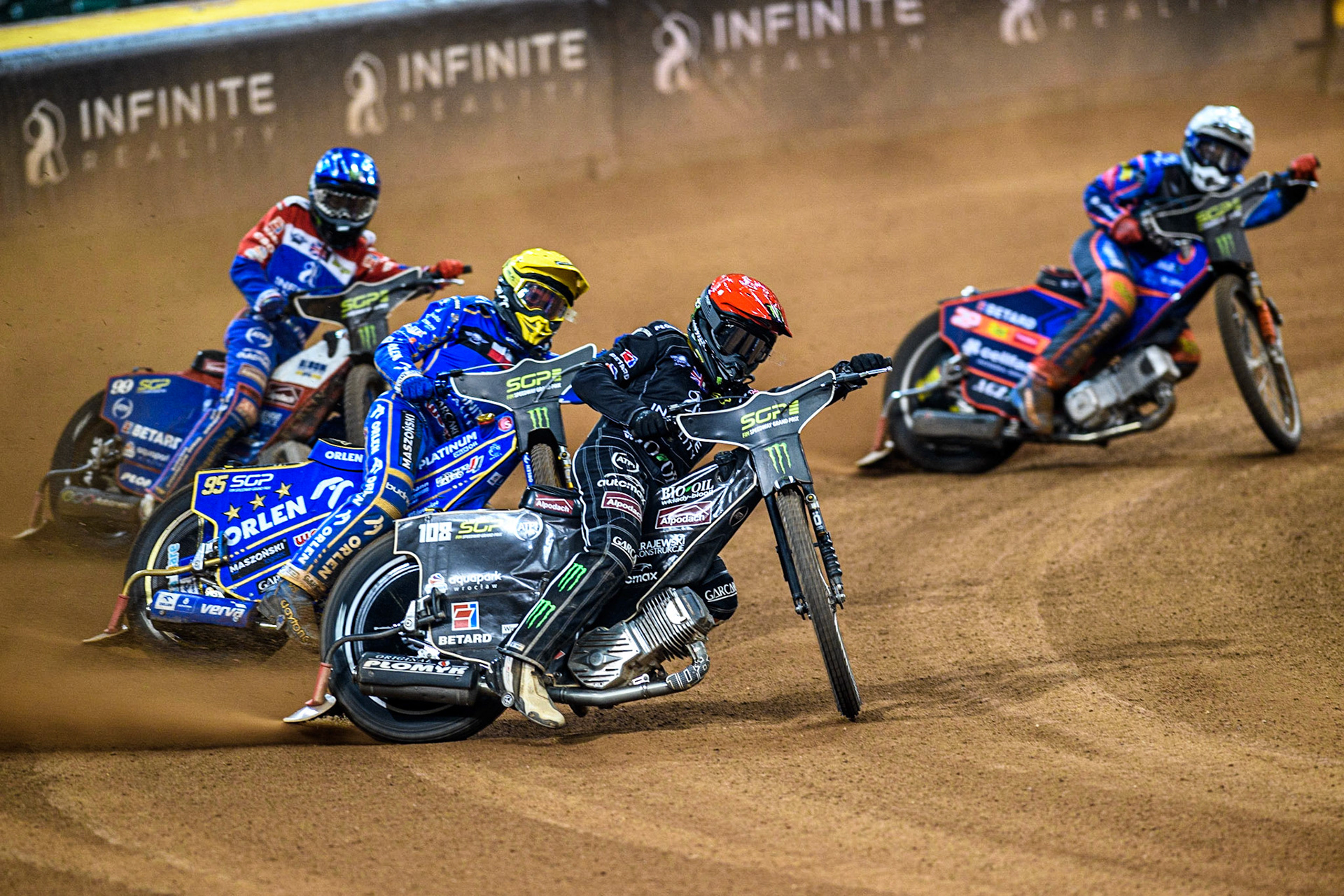 Tai Woffinden (108) (Red) leads  Bartosz Zmarzlik (95) (Yellow) 99\ (Blue) and Andzejs Lebedevs (29) (White) during the FIM Speedway Grand Prix of Great Britain at the Principality Stadium, Cardiff on Saturday 2nd September 2023. (Photo: Ian Charles | MI News)