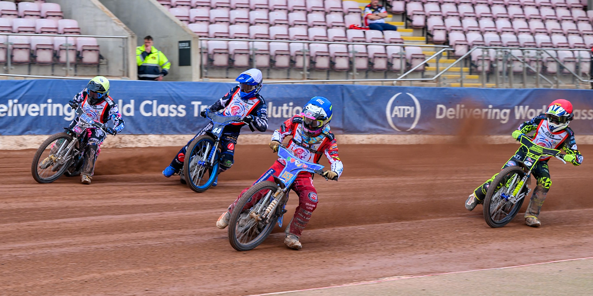 BRITISH YOUTH CHAMPIONSHIP (500cc): Stene Pijper (159) in Blue leading Liam Morris (51)in Yellow Charlie Southwick (44) in White and Oli Bovingdon (15) in Red during the British Youth Speedway Championship at the National Speedway Stadium, Manchester on Sunday 10th May 2026. (Photo: Ian Charles | MI News)