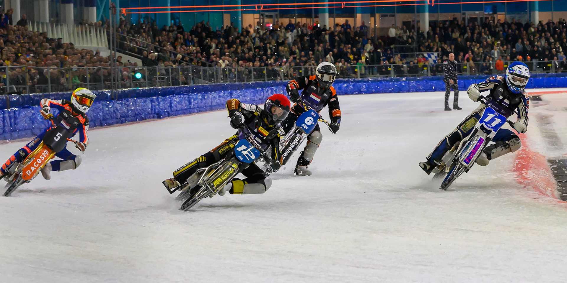 Finland v Netherlands: Heikki Huusko (12) of Finland  in Red and Max Koivula (11) of Finland  in Blue leading Jasper Iwema (5) of The Netherlands  in Yellow and Sebastian Reitsma (6) of The Netherlands  in White during the FIM Ice Speedway Of Nations at Ice Rink Thialf, Heerenveen on Sunday 12th April 2026. (Photo: Ian Charles | MI News)
