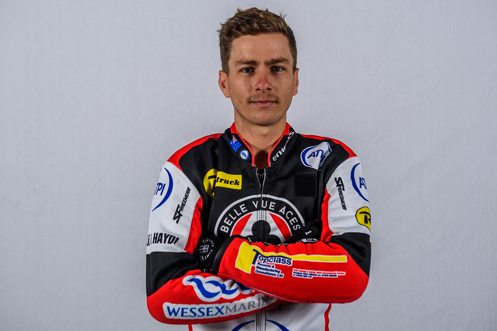 Belle Vue Aces' rider Ben Cook during the Belle Vue Aces Media Day at the National Speedway Stadium, Manchester on Monday 11th March 2024. (Photo: Ian Charles | MI News)