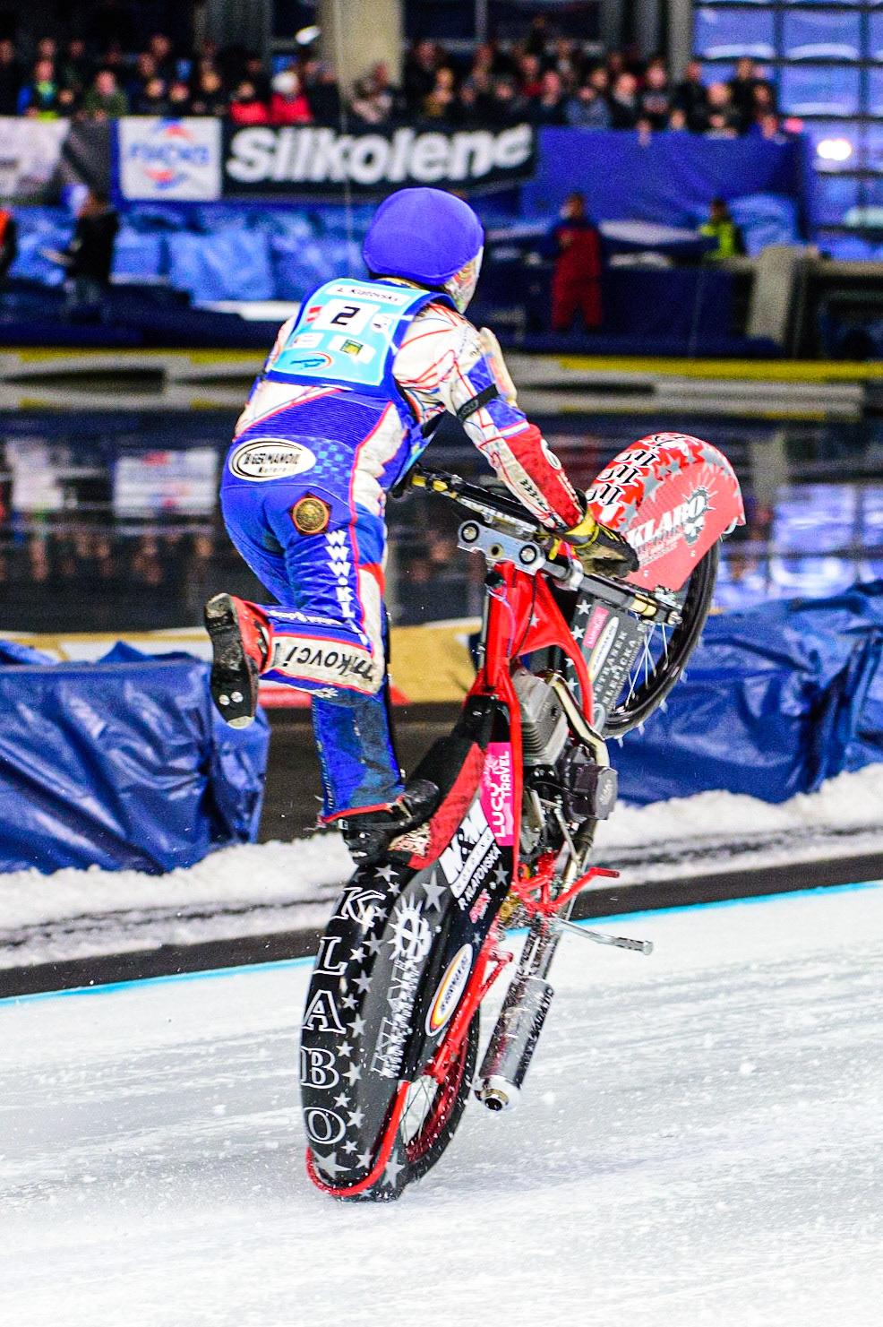 Antonin Klatovsky wheelies  during the Race of Legends at the Max-Aicher-Arena, Inzell on Friday 17th March 2023. (Photo: Ian Charles | MI News)