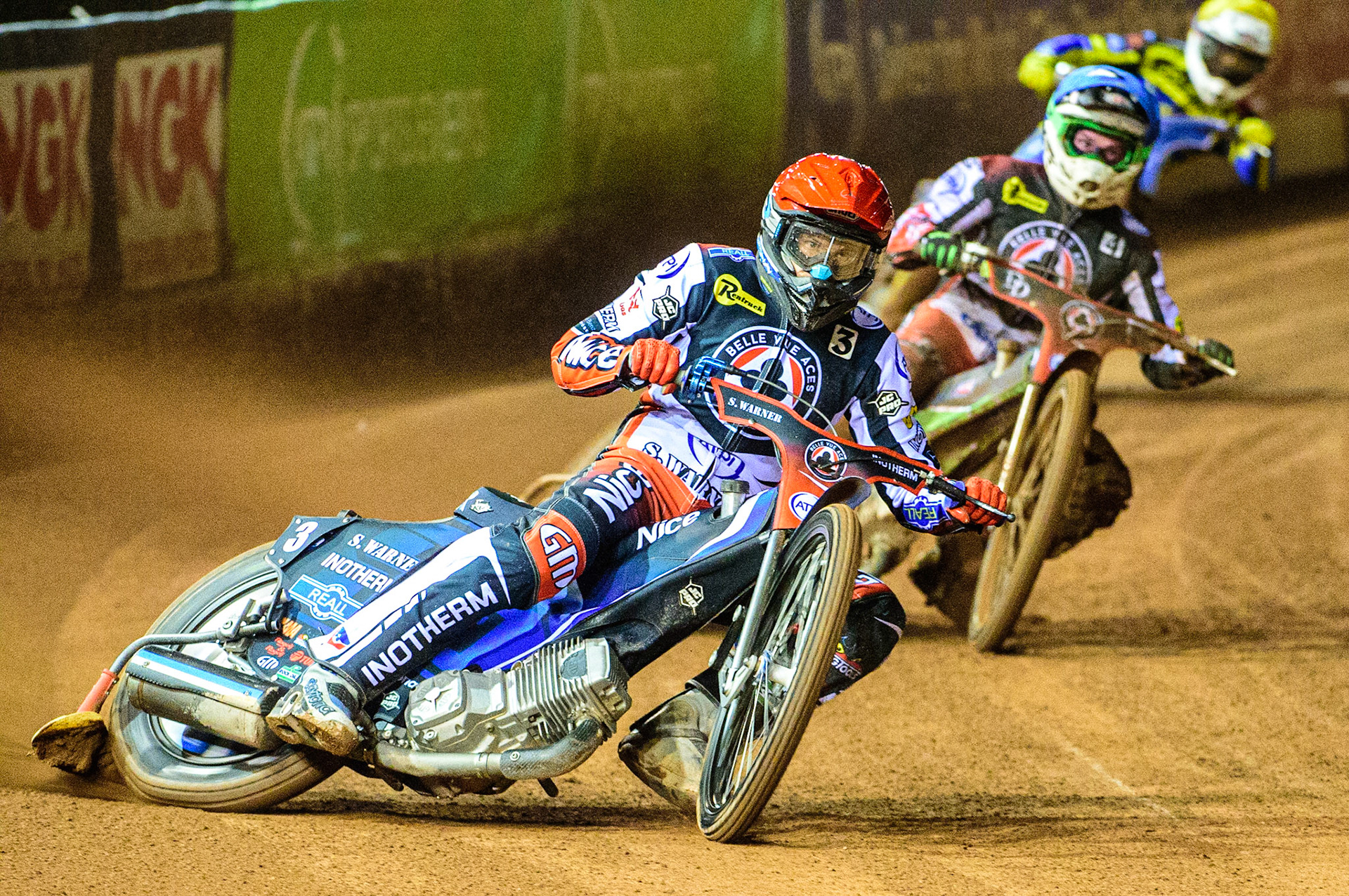 Matej Zagar  (Red) leads Charles Wright  (Blue) Lewis Kerr  (Yellow) during the SGB Premiership Grand Final 1st leg between Belle Vue Aces and Sheffield Tigers at the National Speedway Stadium, Manchester on Monday 10th October 2022. (Credit: Ian Charles | MI News)
