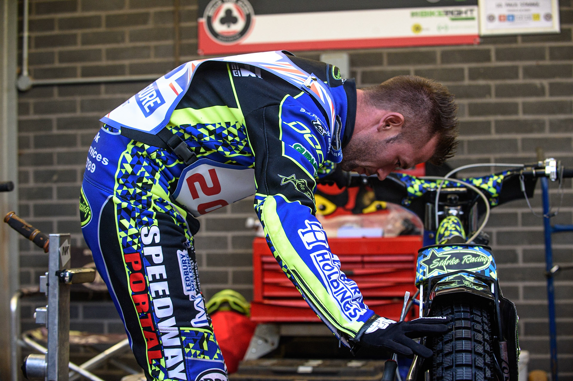 MANCHESTER, UK. AUGUST 16TH   Paul Starke prepares his bike before the start of racing during the Sports Insure British Speedway Finals at the National Speedway Stadium, Manchester on Monday 16th August 2021. (Credit: Ian Charles | MI News)