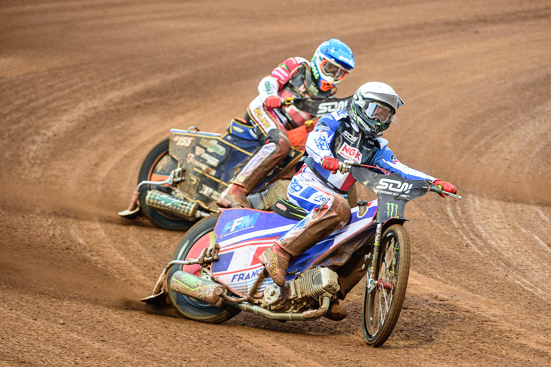 MANCHESTER, UK. OCT 17TH David Bellego of France (White) leads Mikkel Michelsen of Denmark (Blue) during the Monster Energy FIM Speedway of Nations at the National Speedway Stadium, Manchester on Sunday  17th October 2021. (Credit: Ian Charles | MI News)