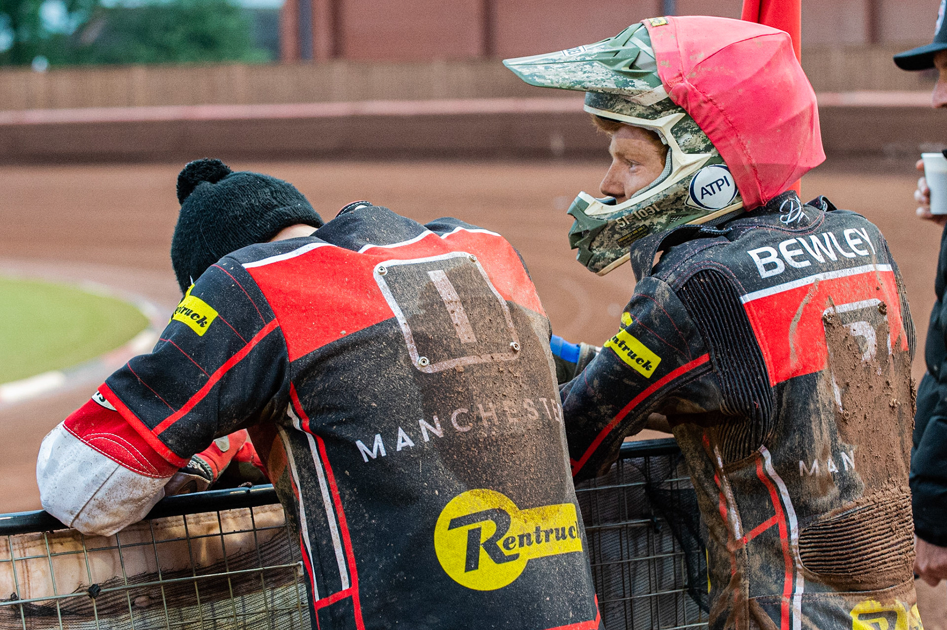 Photo by Ian Charles:

Max Fricke  (left) and Dan Bewley  watch the track prep

Belle Vue Aces v Peterborough Panthers, British Speedway Premiership, National Speedway Stadium, Manchester, Thursday, 13, June, 2019