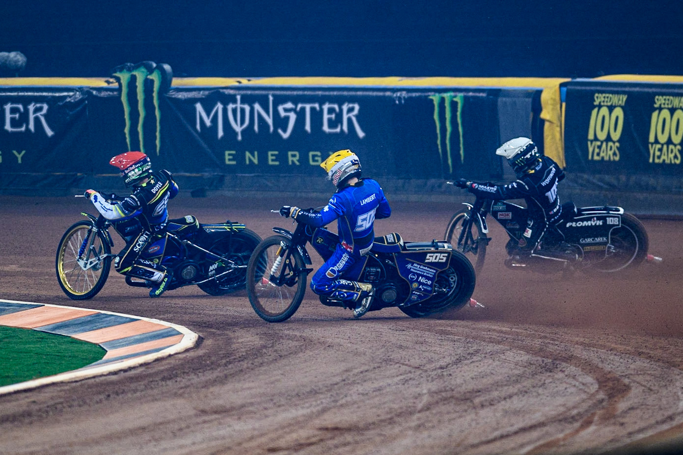 Jason Doyle (69) (Red) leads  Robert Lambert (505) (Yellow) and Tai Woffinden (108) (White) during the FIM Speedway Grand Prix of Great Britain at the Principality Stadium, Cardiff on Saturday 2nd September 2023. (Photo: Ian Charles | MI News)