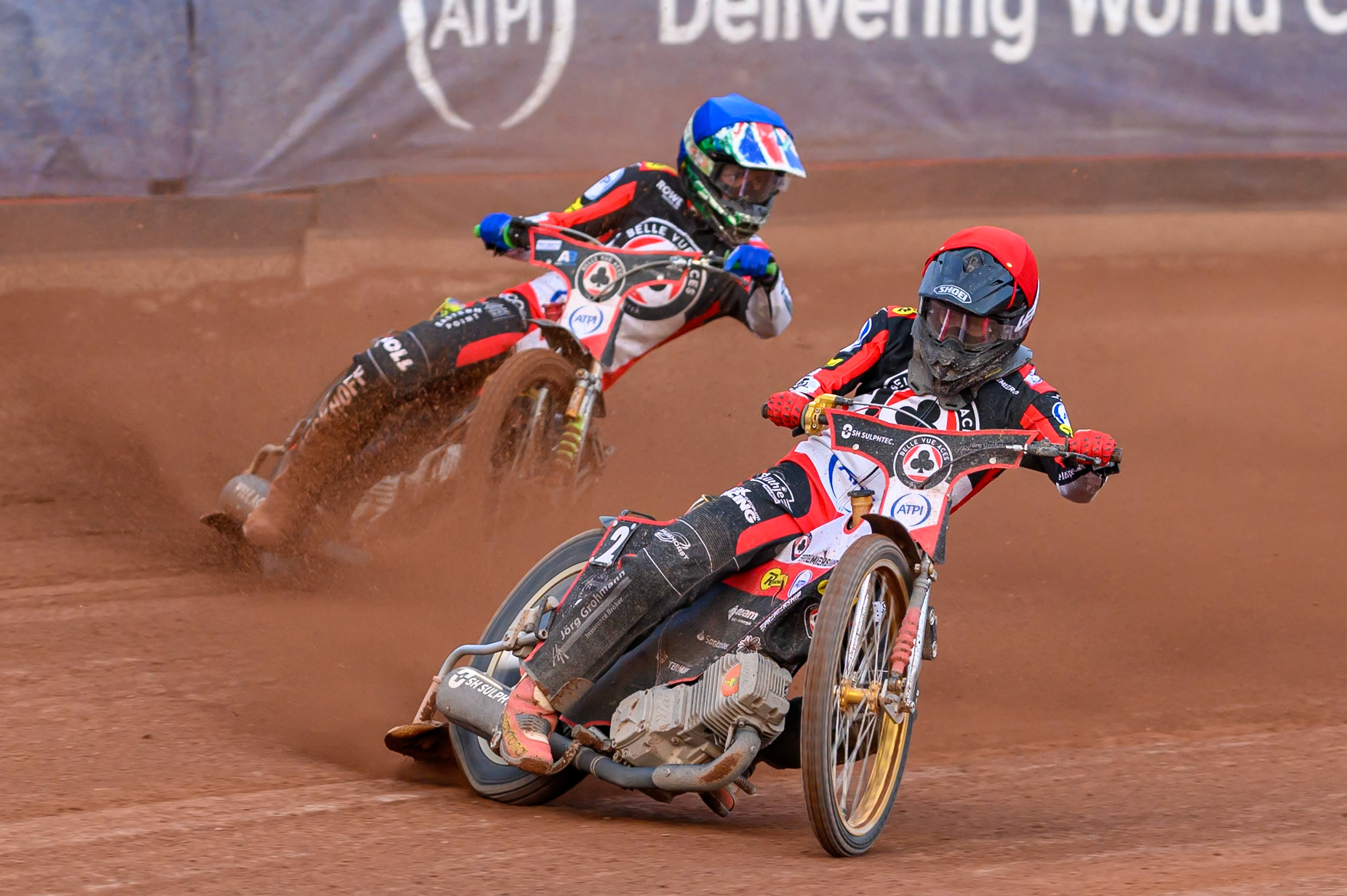 Norick Blödorn of Belle Vue Aces in Red leading William Cairns of Belle Vue Aces in Blue during the Rowe Motor Oil Premiership match between Belle Vue Aces and Leicester Lions at the National Speedway Stadium, Manchester on Monday 3rd August 2026. (Photo: Ian Charles | MI News)