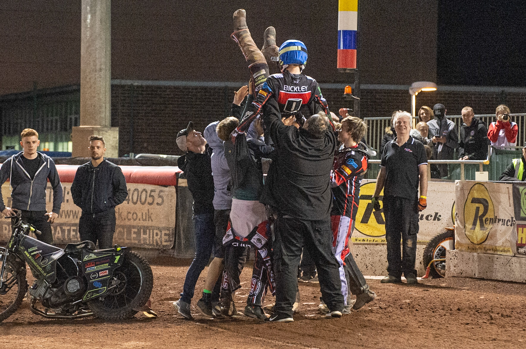 Photo: Ian Charles

Kyle Bickley  gets the bumps 

Belle Vue Colts v Cradley Heathens, SGB National League, Belle Vue National Speedway Stadium, Manchester, Thursday 29  August  2019