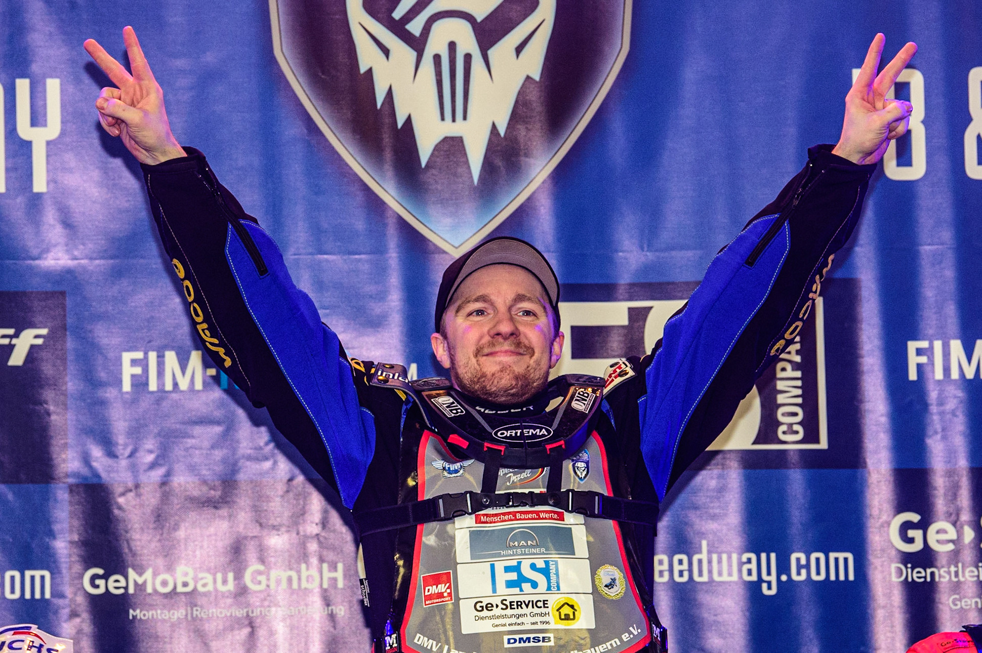 Martin Haarahiltunen on the winners spot on the Rostrum during the Ice Speedway Gladiators World Championship Final 2 at Max-Aicher-Arena, Inzell, Germany on Sunday 19th March 2023. (Photo: Ian Charles | MI News)