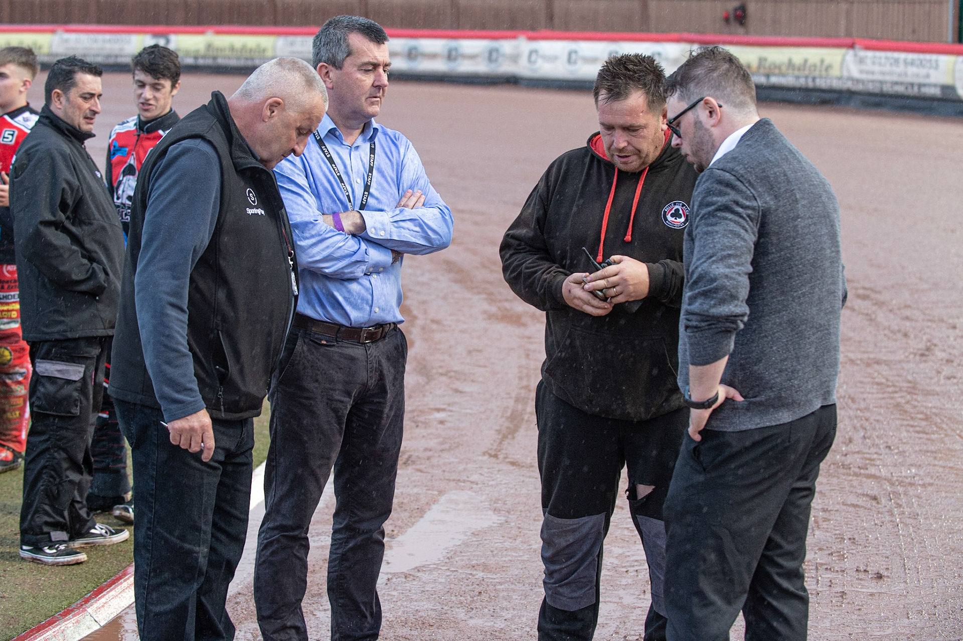 Photo: Ian Charles

(l-r) Clerk Of The Course Steve Wignall, Belle Vue CEO Adrian Smith, Track Curator Andy Meredith and Referee Seth Perkins discuss the weather and the track

Belle Vue Colts v Kent Kings, SGB National League, Belle Vue National Speedway Stadium, Manchester, Thursday 1  August  2019