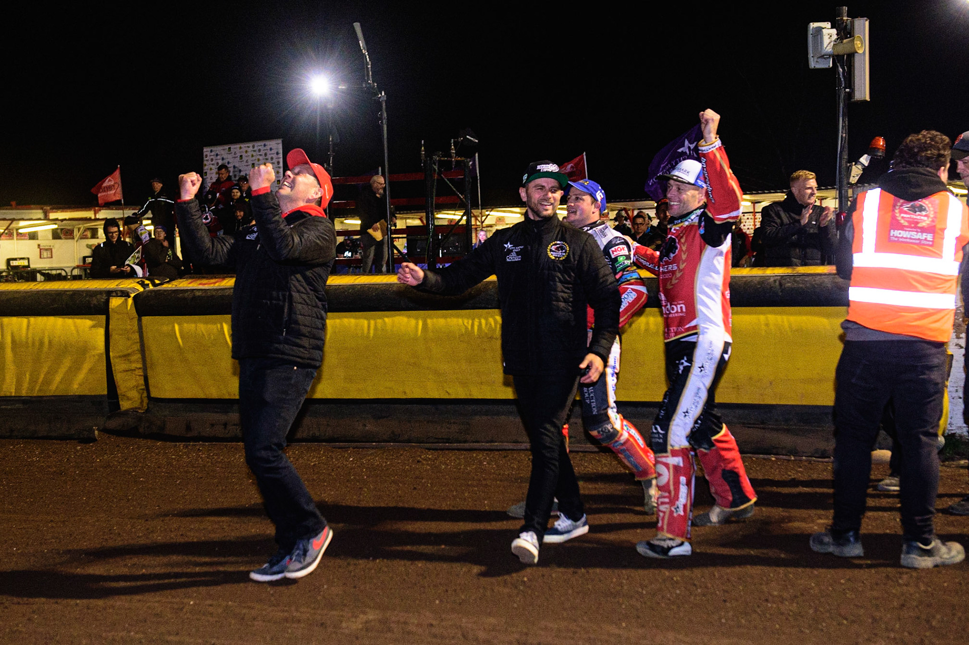 PETERBOROUGH, UK. OCT 14TH Rob Lyon  leads the celebrations as the Panthers win the meeting during the SGB Premiership Grand Final 2nd leg between Peterborough and Belle Vue Aces at East of England Showground, Peterborough on Thursday 14th October 2021. (Credit: Ian Charles | MI News)