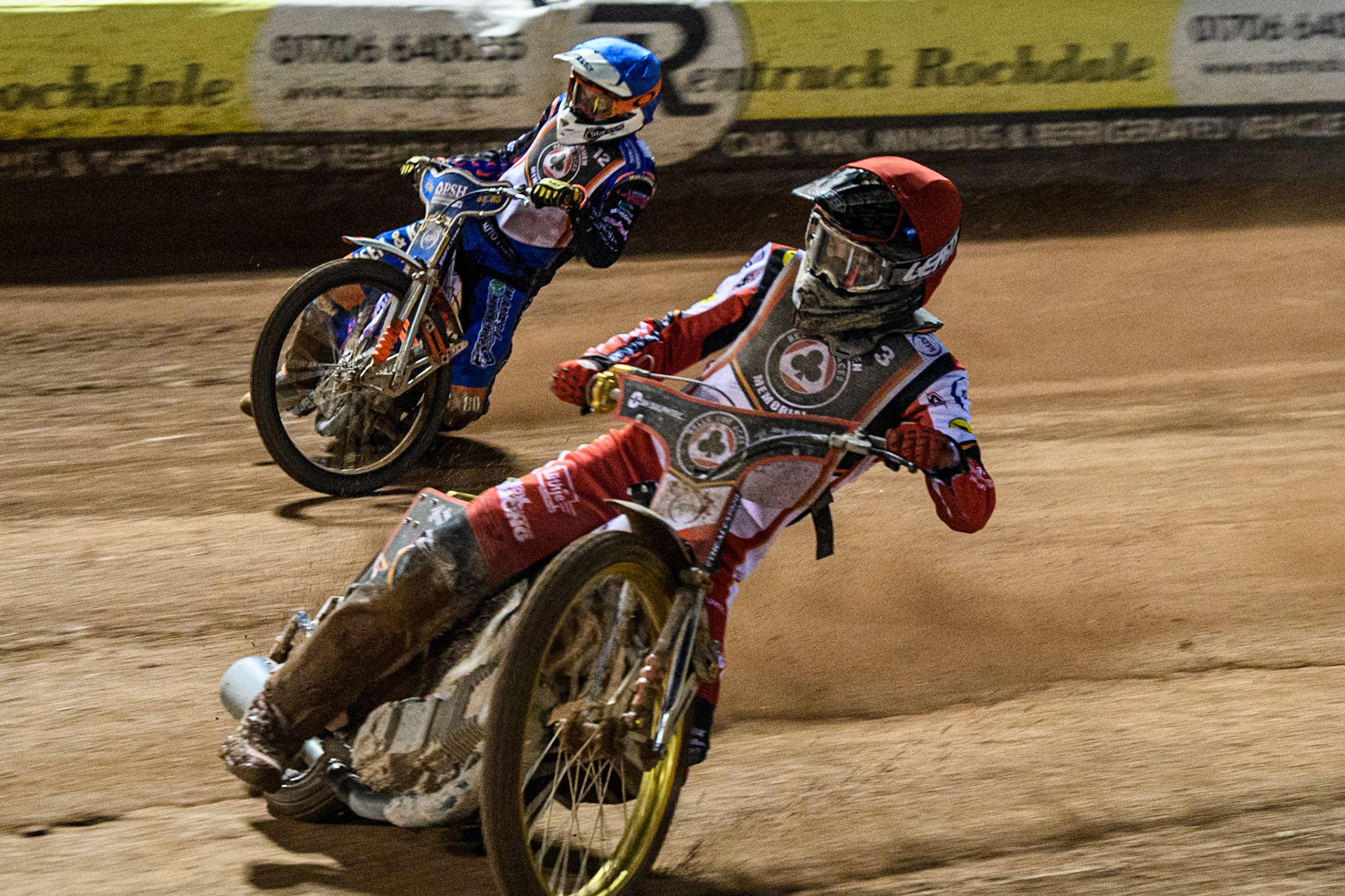 Norick Blodorn in Red rides inside Niels-Kristian Iversen in Blue during the Peter Craven Memorial Trophy at the National Speedway Stadium, Manchester on Monday 17th March 2025. (Photo: Ian Charles | MI News)