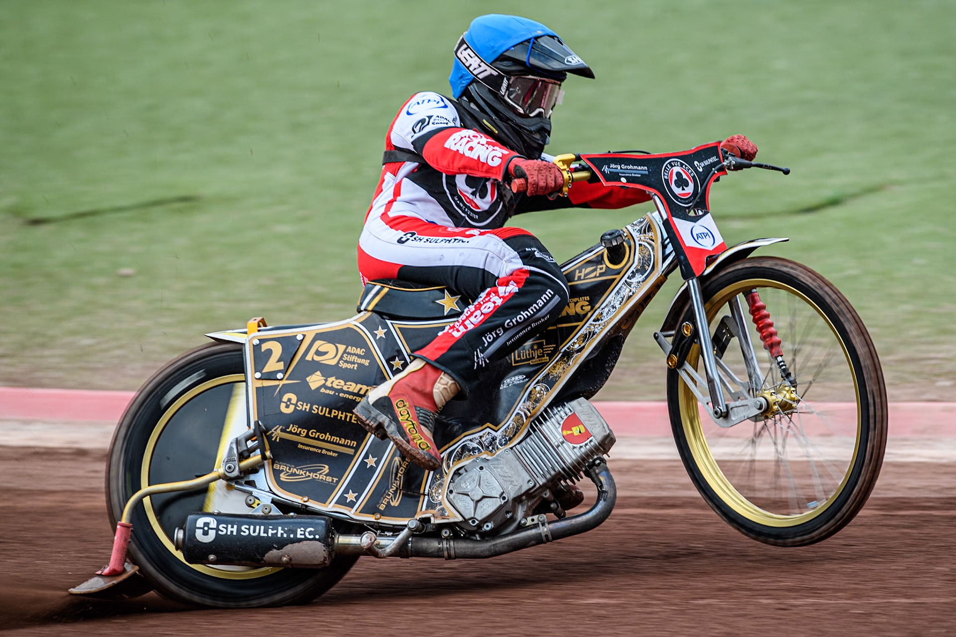 Belle Vue Aces' Norick Blodorn in action during the Rowe Motor Oil Premiership match between Belle Vue Aces and King's Lynn Stars at the National Speedway Stadium, Manchester on Monday 20th May 2024. (Photo: Ian Charles | MI News)
