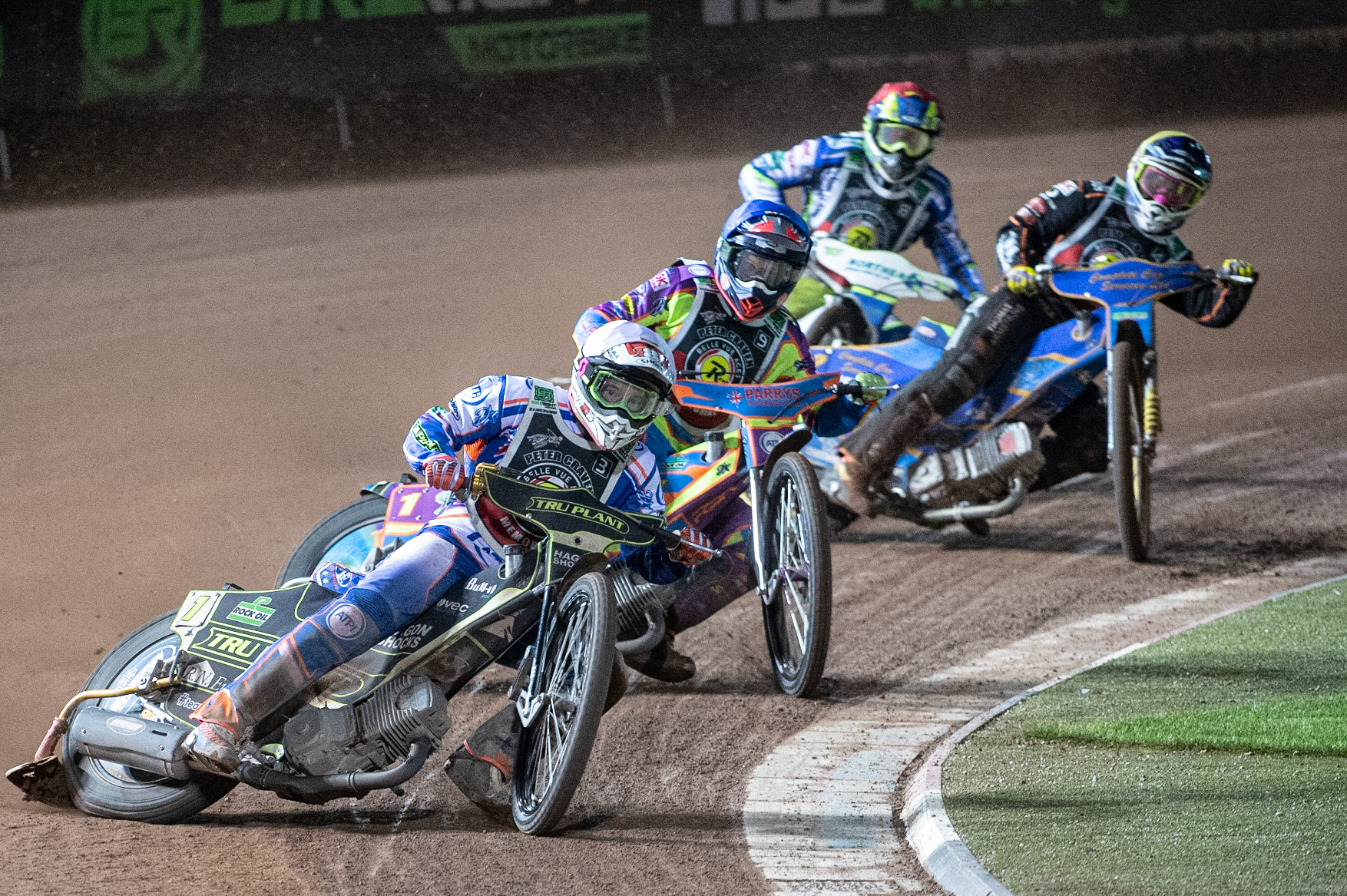 Photo: Ian CharlesJason Crump (White) leads Rory Schlein (Blue) Kyle Howarth (Yellow) and Chris Harris(Red)Peter Craven Memorial Trophy, National Speedway Stadium, Manchester Thursday  22  October  2020
