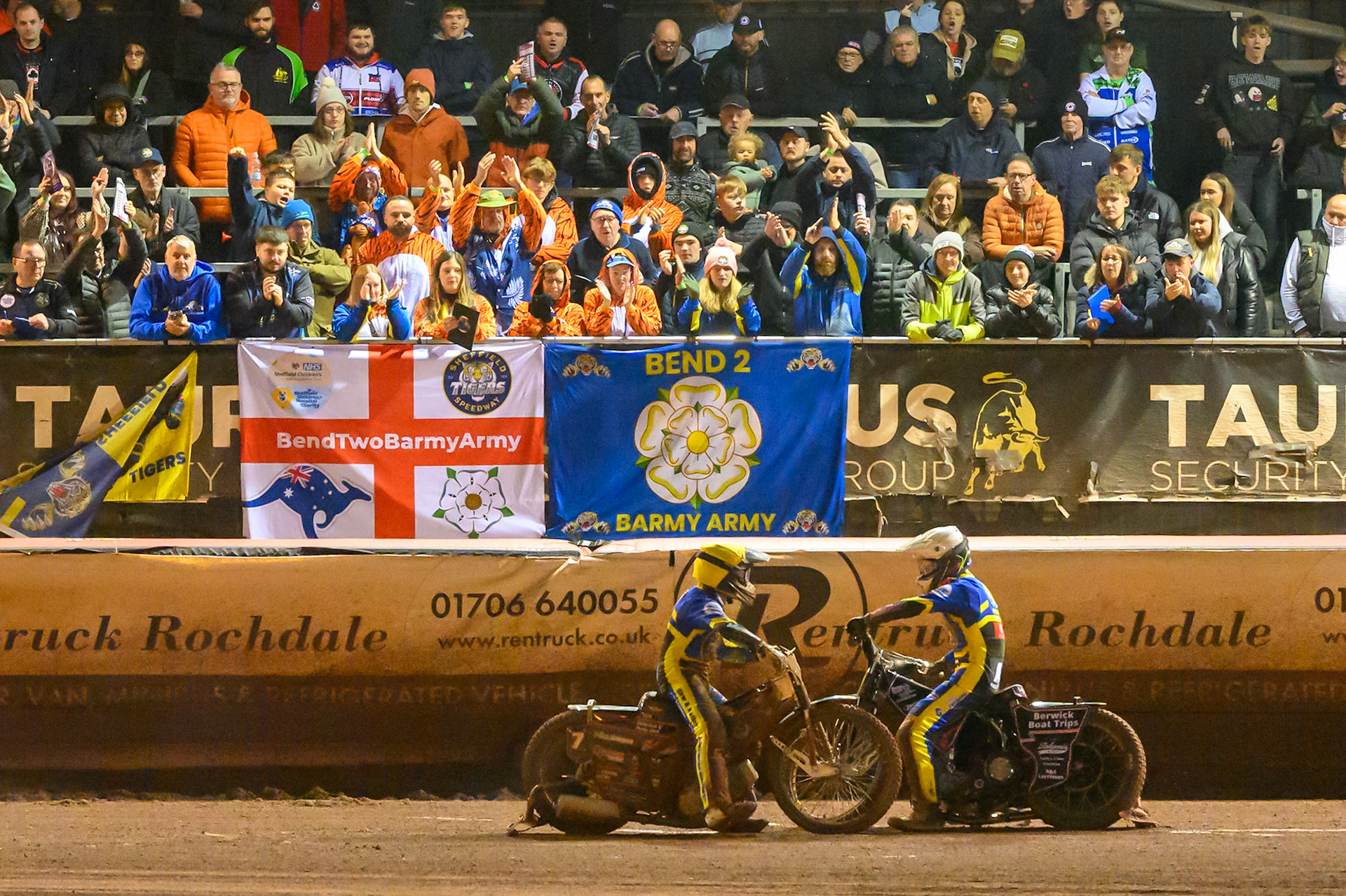 Leon Flint of Sheffield Tigers in White  and Luke Killeen of Sheffield Tigers in Yellow  with the Sheffield fans during the Rowe Motor Oil Premiership Grand Final 2nd Leg between Belle Vue Aces and Sheffield Tigers at the National Speedway Stadium, Manchester on Friday 16th October 2026. (Photo: Ian Charles | MI News)