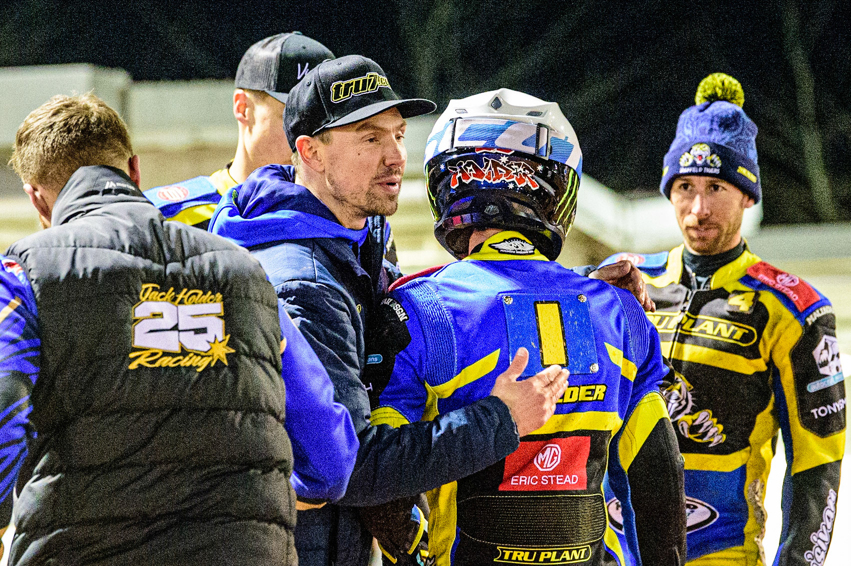 Simon Stead  (left) congratulates Jack Holder  on his match winning ride during the SGB Premiership match between Belle Vue Aces and Sheffield Tigers at the National Speedway Stadium, Manchester on Monday 27th March 2023. (Photo: Ian Charles | MI News)