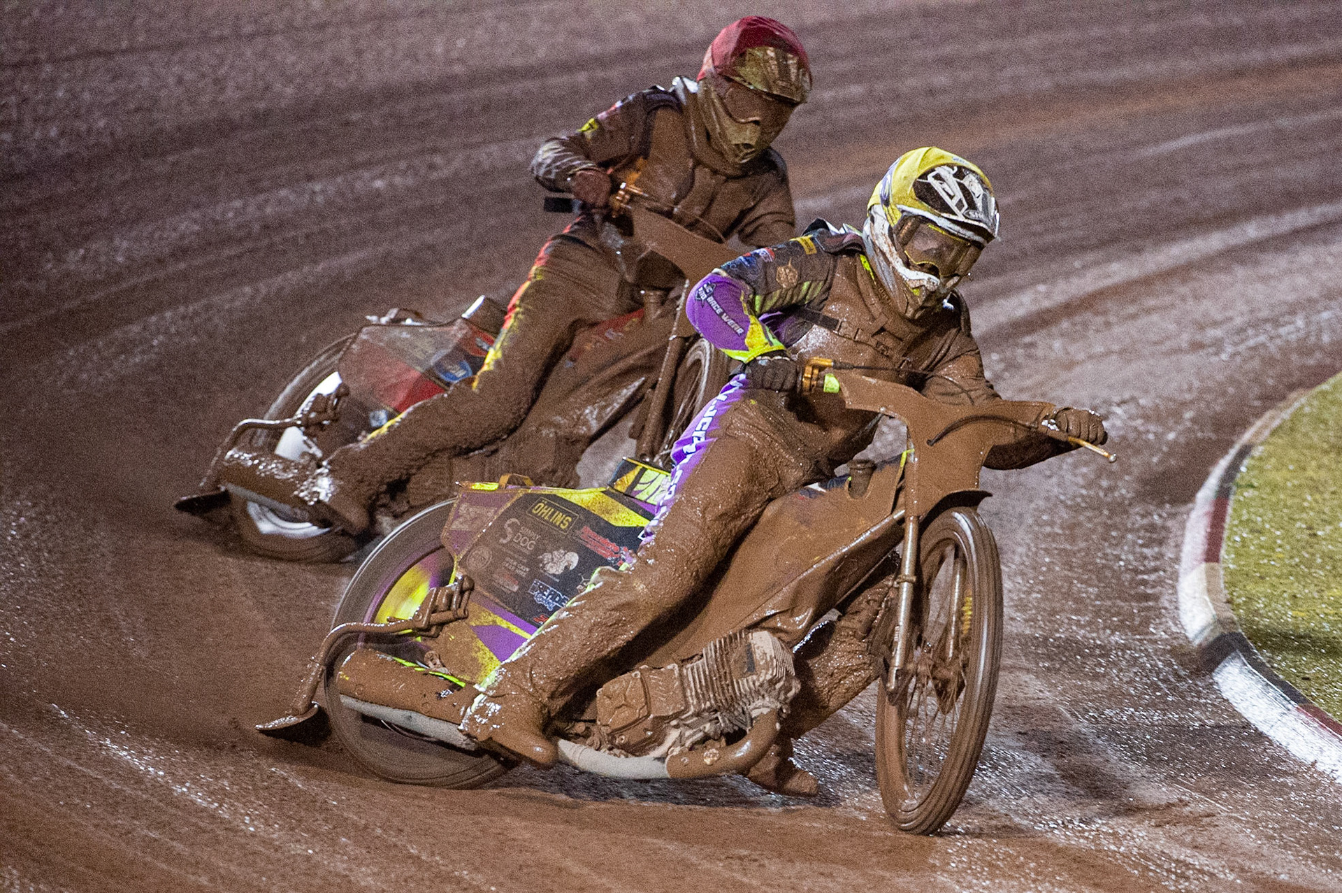 Photo: Ian CharlesTom Brennan   (Yellow)  leads  Joe Thompson  (Red) Sports Insure British Speedway Championship Final, National Speedway Stadium, Manchester Monday  28  September  2020