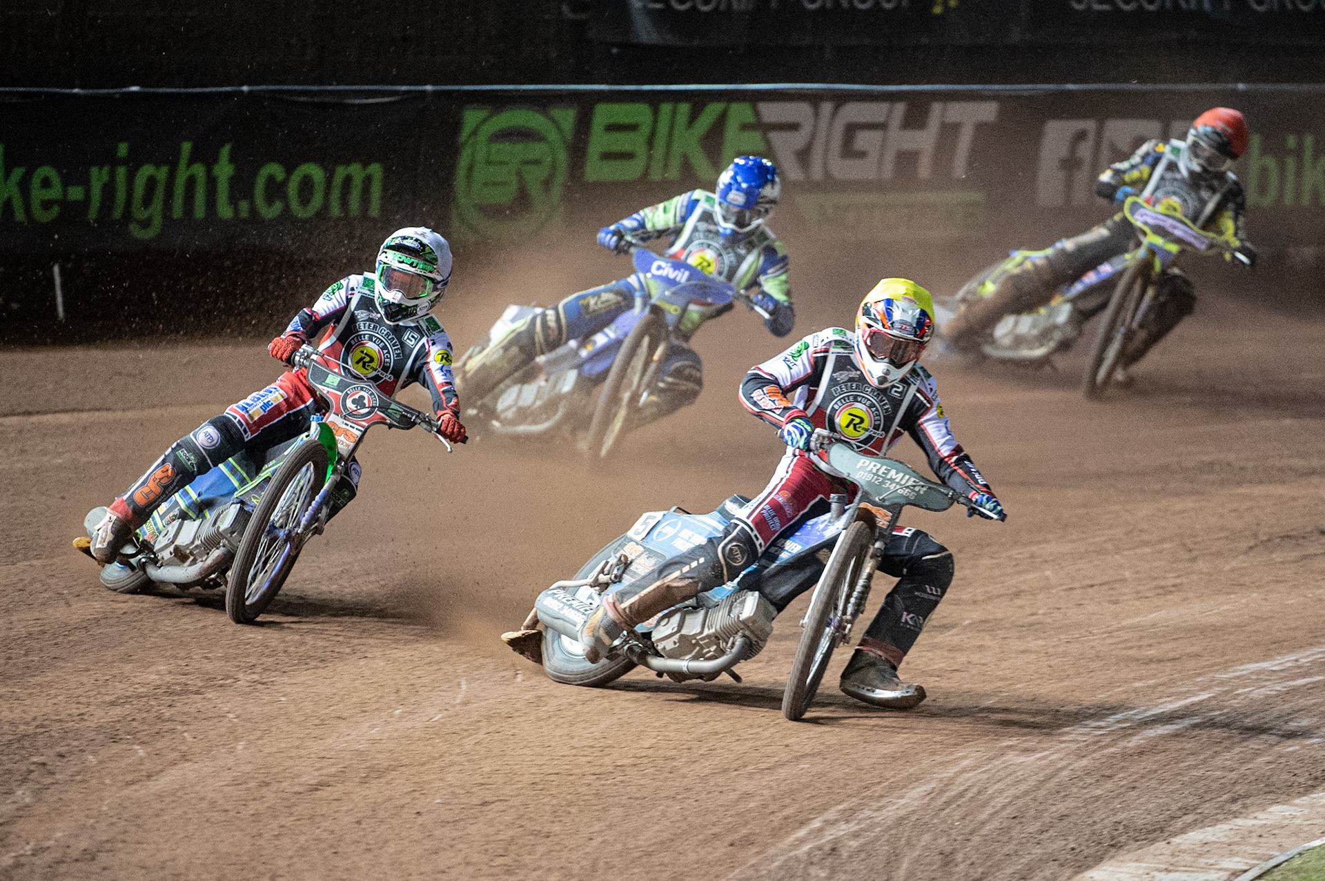 Photo: Ian CharlesSteve Worrall (Yellow) inside Dan Bewley (White) with Richie Worrall (Blue) and Troy Batchelor (Red) behindPeter Craven Memorial Trophy, National Speedway Stadium, Manchester Thursday  22  October  2020