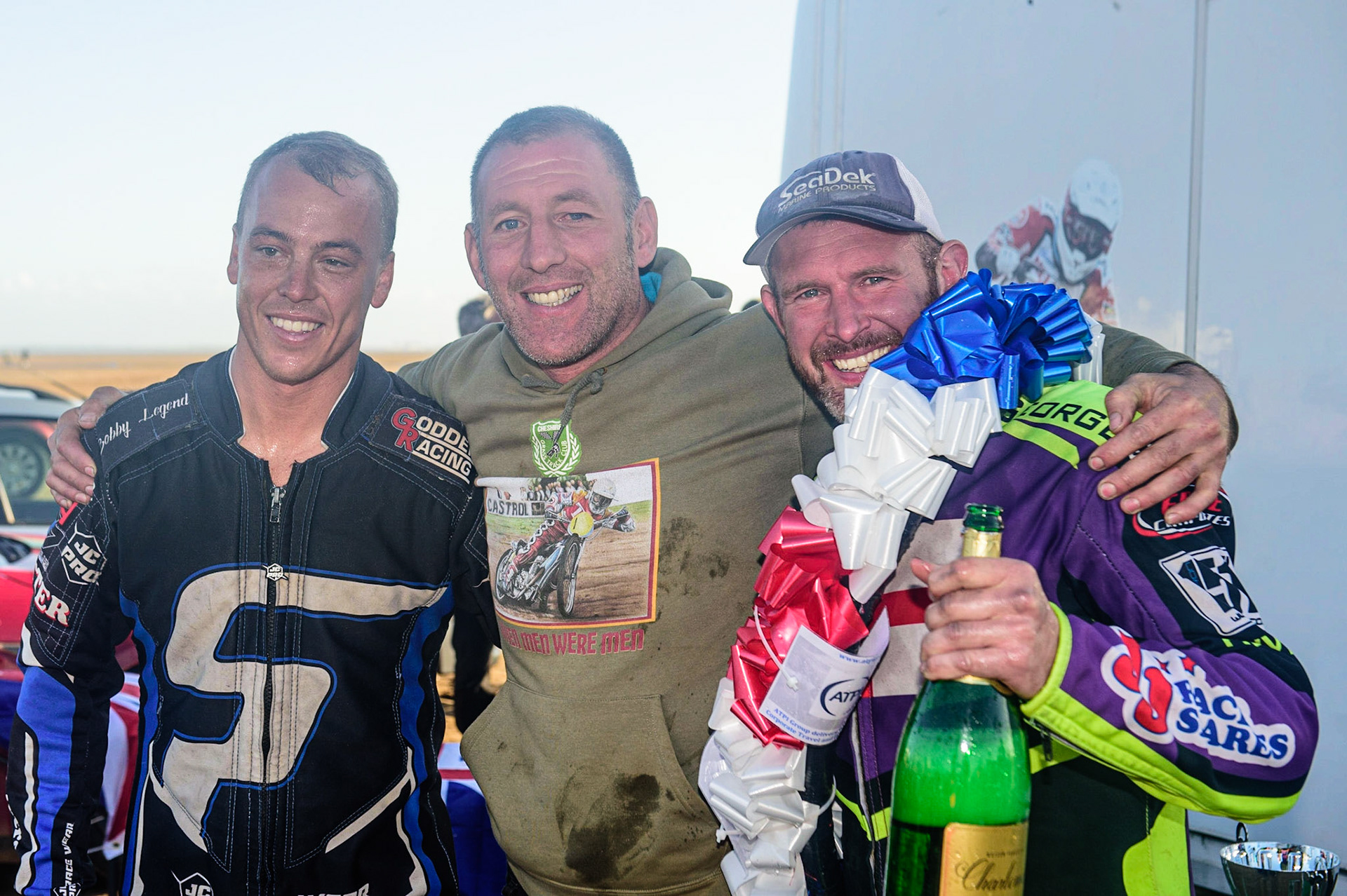 (l - r) Charley Powell (92), Daniel Winterton (Cheshire GT Club Chairman), Paul Cooper (11) during the Fylde ACU British Sand Racing Masters Championship on  Sunday 2nd October 2022. (Credit: Ian Charles | MI News)