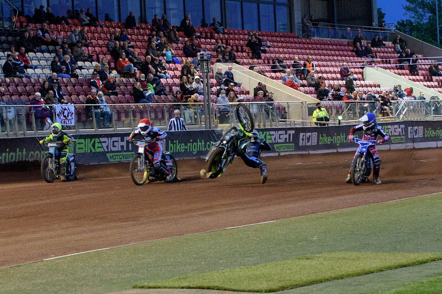 MANCHESTER, UK. MAY 28TH  at the start of heat 14 Ben Rathbone  falls after getting too much drive during the SGB National Development League match between Belle Vue Colts and Berwick Bullets at the National Speedway Stadium, Manchester on Friday 28th May 2021. (Credit: Ian Charles | MI News)