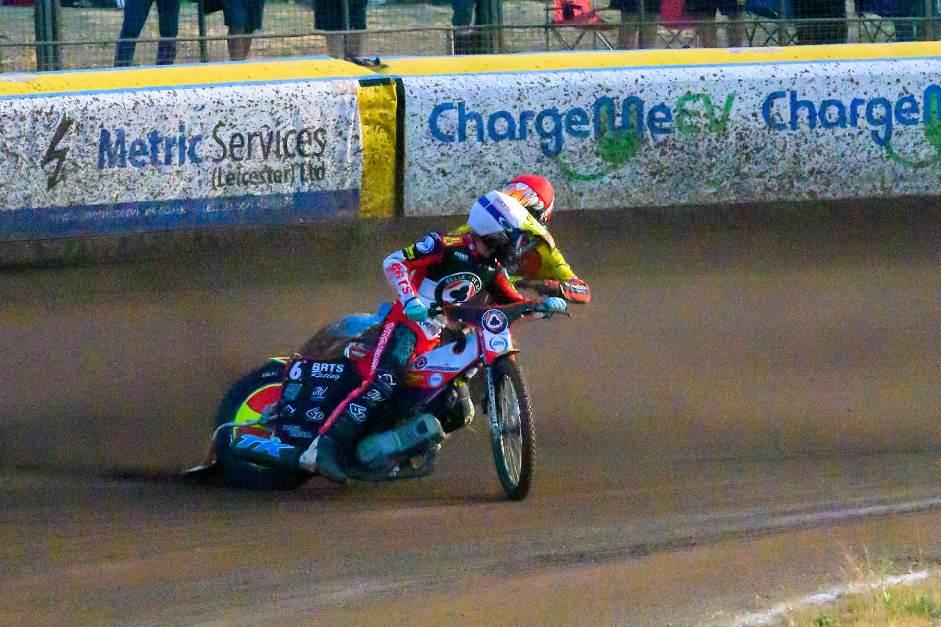 Tate Zischke of Belle Vue Aces in White loses control and flips off his bike during the Rowe Motor Oil Premiership match between Leicester Lions and Belle Vue Aces at the Hydroscan Arena, Leicester on Thursday 23rd July 2026. (Photo: Ian Charles | MI News)