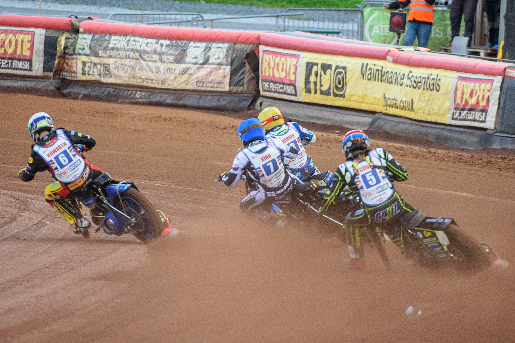 MANCHESTER, UK. AUGUST 16TH   Craig Cook (Red) chases Kyle Howarth  (White), Danny King (Blue) and Chris Harris  (Yellow) during the Sports Insure British Speedway Finals at the National Speedway Stadium, Manchester on Monday 16th August 2021. (Credit: Ian Charles | MI News)