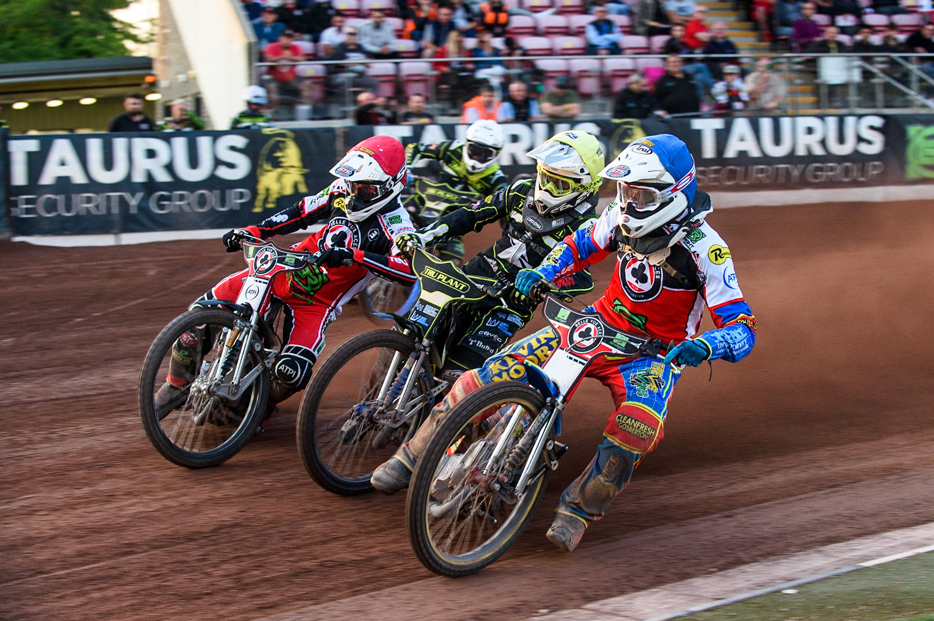 MANCHESTER UKSimon Lambert (Blue) inside Paul Starke (Yellow), Richie Worrall   with Anders Rowe  behind during the SGB Premiership match between Belle Vue Aces and Ipswich Witches at the National Speedway Stadium, Manchester on Monday 2nd August 2021. (Credit: Ian Charles | MI News)
