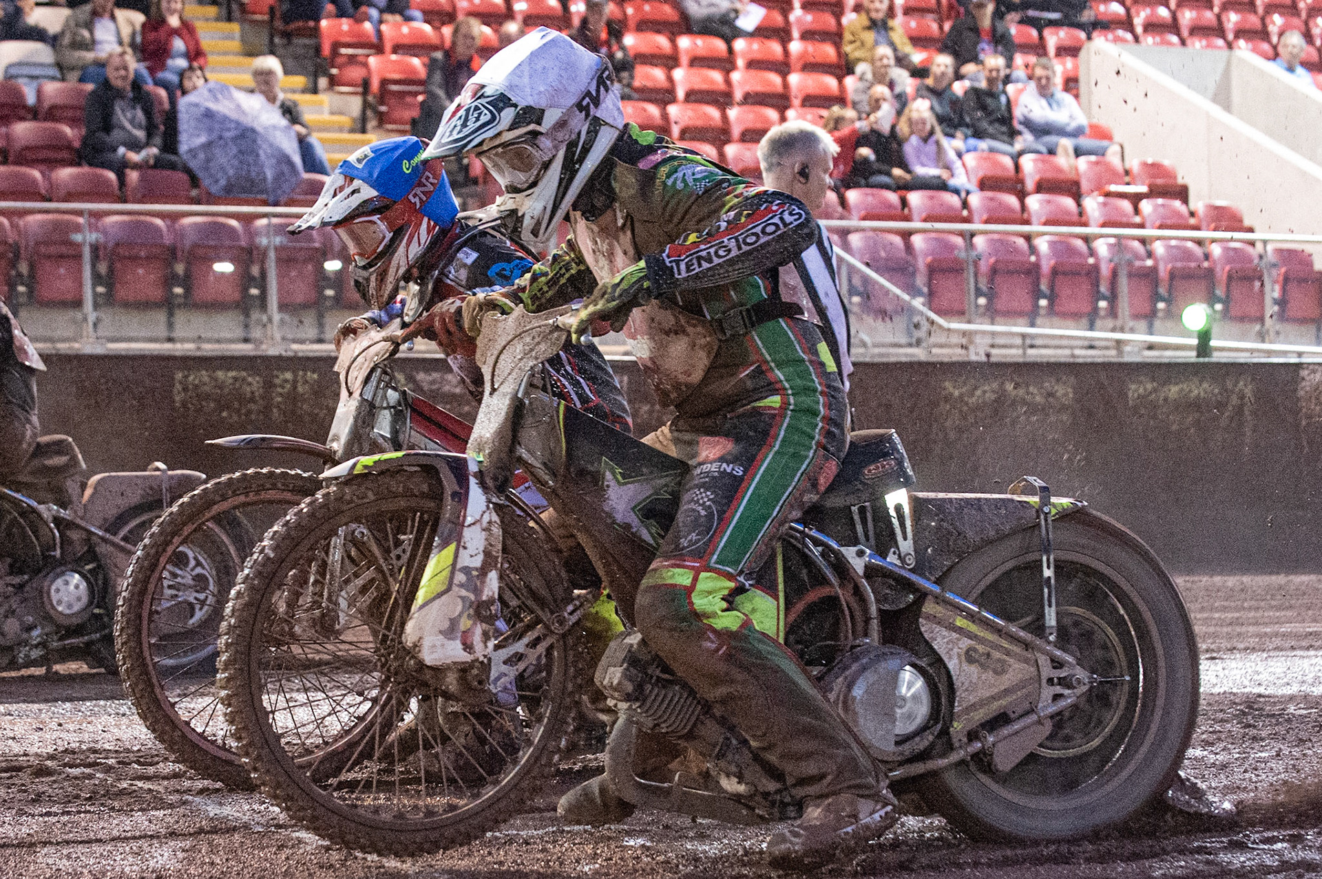 Photo: Ian Charles

David Wallinger  (White) and Connor Bailey  (Blue) leave the start 

Belle Vue Colts v Kent Kings, SGB National League, Belle Vue National Speedway Stadium, Manchester, Thursday 1  August  2019