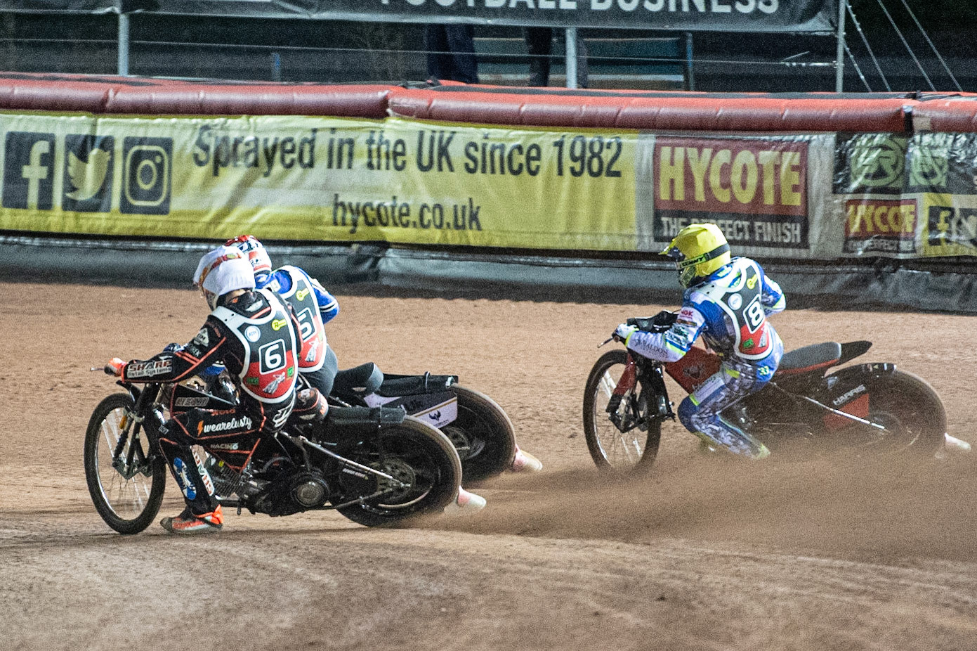 Photo: Ian CharlesSam Masters (White) and Chris Harris (Yellow) chase Richie Worrall (Red)Peter Craven Memorial Trophy, National Speedway Stadium, Manchester Thursday  22  October  2020