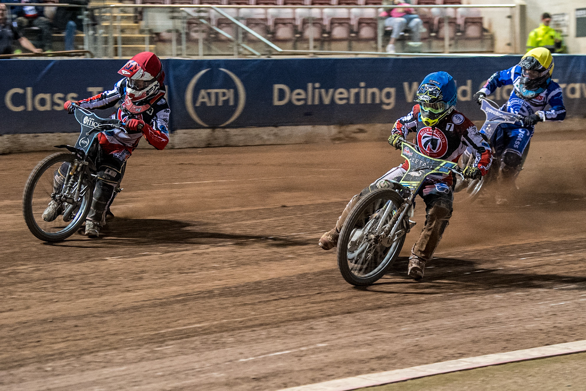 Freddy Hodder (Red) and Luke Muff (Blue) lead Harry McGurk (Yellow) during the National Development League match between Belle Vue Colts and Workington Comets at the National Speedway Stadium, Manchester on Friday 25th August 2023. (Photo: Ian Charles | MI News)