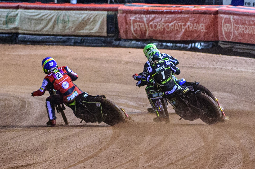 Tom Brennan  (Blue) tries to pass Jason Doyle  (White) and Aaron Summers  (Yellow) during the SGB Premiership Semi Final 2nd Leg between Belle Vue Aces and Ipswich Witches at the National Speedway Stadium, Manchester on Monday 3rd October 2022. (Credit: Ian Charles | MI News)