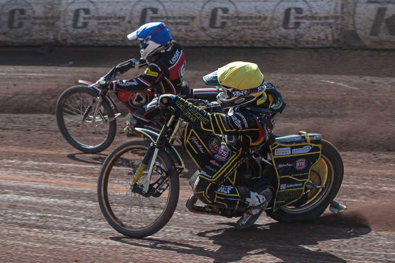 Photo: Ian Charles

Tero Aarnio  (Yellow) chases Jaimon Lidsey  (Blue)

Belle Vue Aces v Kings Lynn Stars, British Speedway Premiership, Belle Vue National Speedway Stadium, Manchester, Monday 26  August  2019