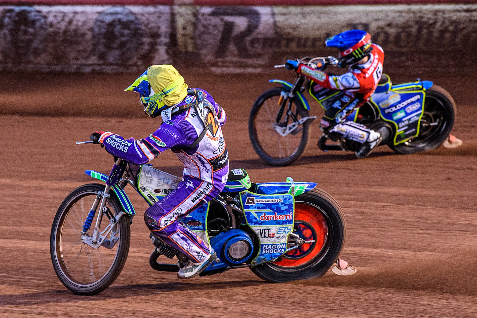 Hans Andersen  (Yellow) inside Jaimon Lidsey  (Blue) during the SGB Premiership match between Belle Vue Aces and Peterborough at the National Speedway Stadium, Manchester on Monday 24th April 2023. (Photo: Ian Charles | MI News)
