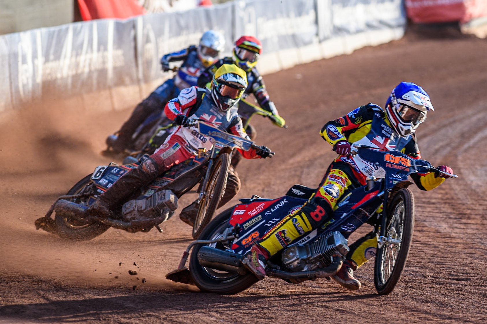 Steve Worrall in Blue leading Connor Mountain in Yellow, Charles Wright in Red and Robert Lambert in White during the Attis Insurance Sports Division British Speedway Championship Final at the National Speedway Stadium, Manchester on Saturday 8th June 2024. (Photo: Ian Charles | MI News)