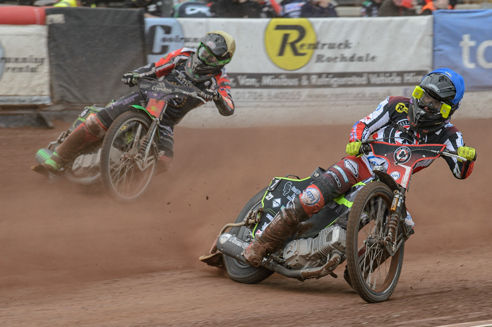 MANCHESTER, UK. MAY 2ND  Tom Brennan  (Blue) inside Benjamin Basso  (Yellow) during the SGB Premiership match between Belle Vue Aces and Peterborough at the National Speedway Stadium, Manchester on Monday 2nd May 2022. (Credit: Ian Charles | MI News)